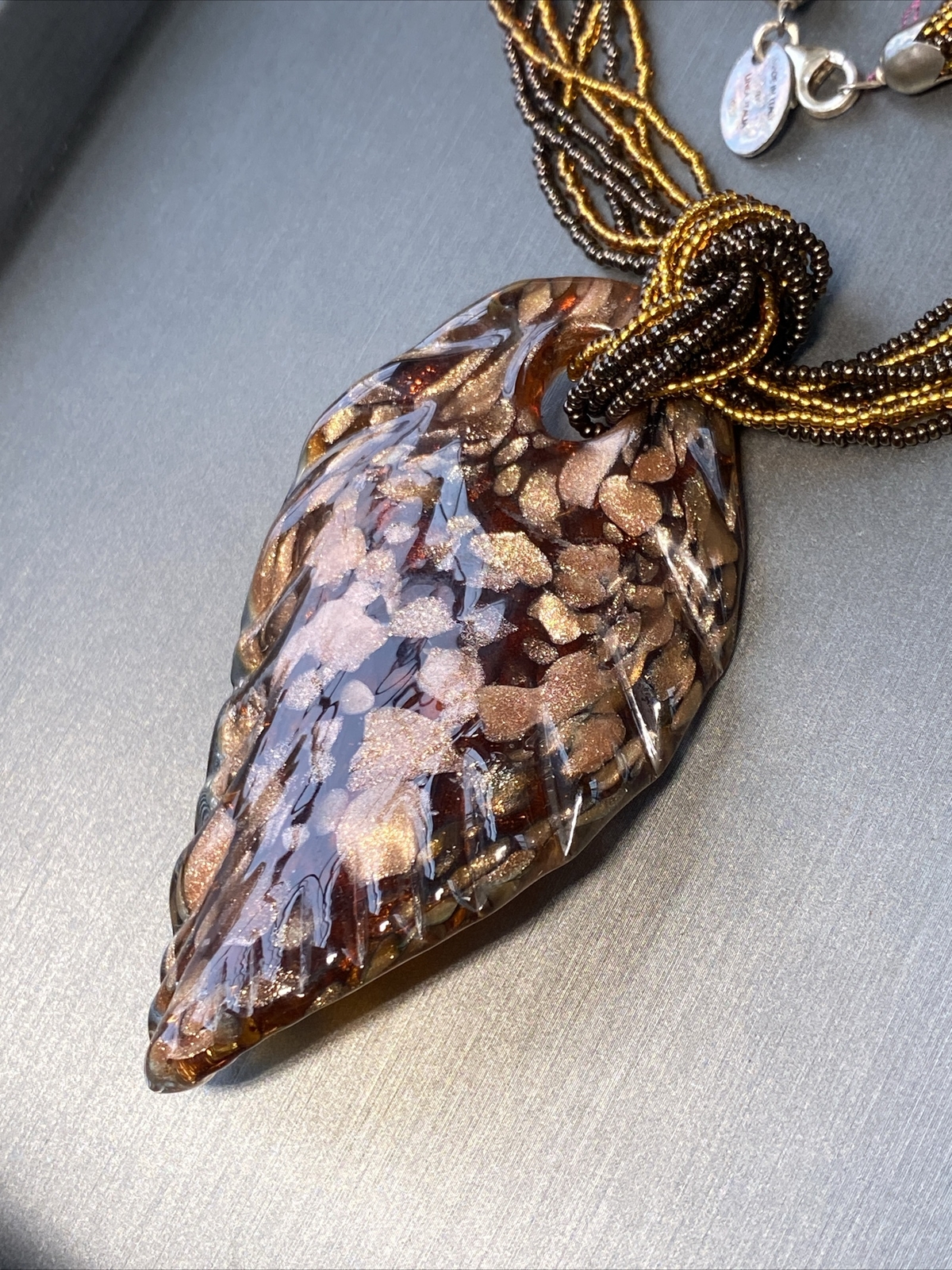 Vintage Pendant Necklace Handblown Murano Italy Art Glass 24K Gold Fleck Signed