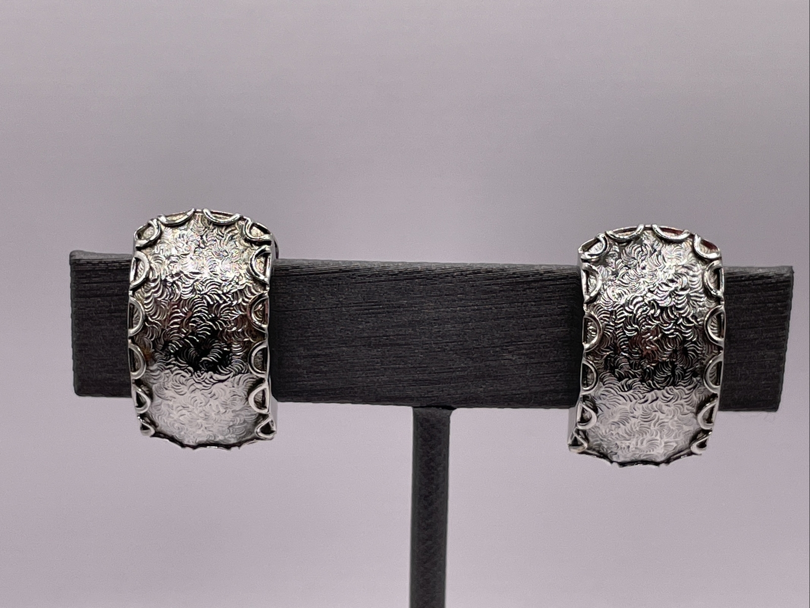 Vintage ALICE Silver Tone Clip On Earrings Brushed Dome Meta Lace MCM AL4.2