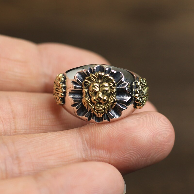 925 Silver Plated Lion Head Ring for Men Women,Punk Hip Hop Ring,Size 8