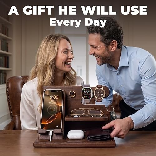 Wood Desk Organizer Dock Stand Key Wallet Watch Holder Nightstand Brown Men