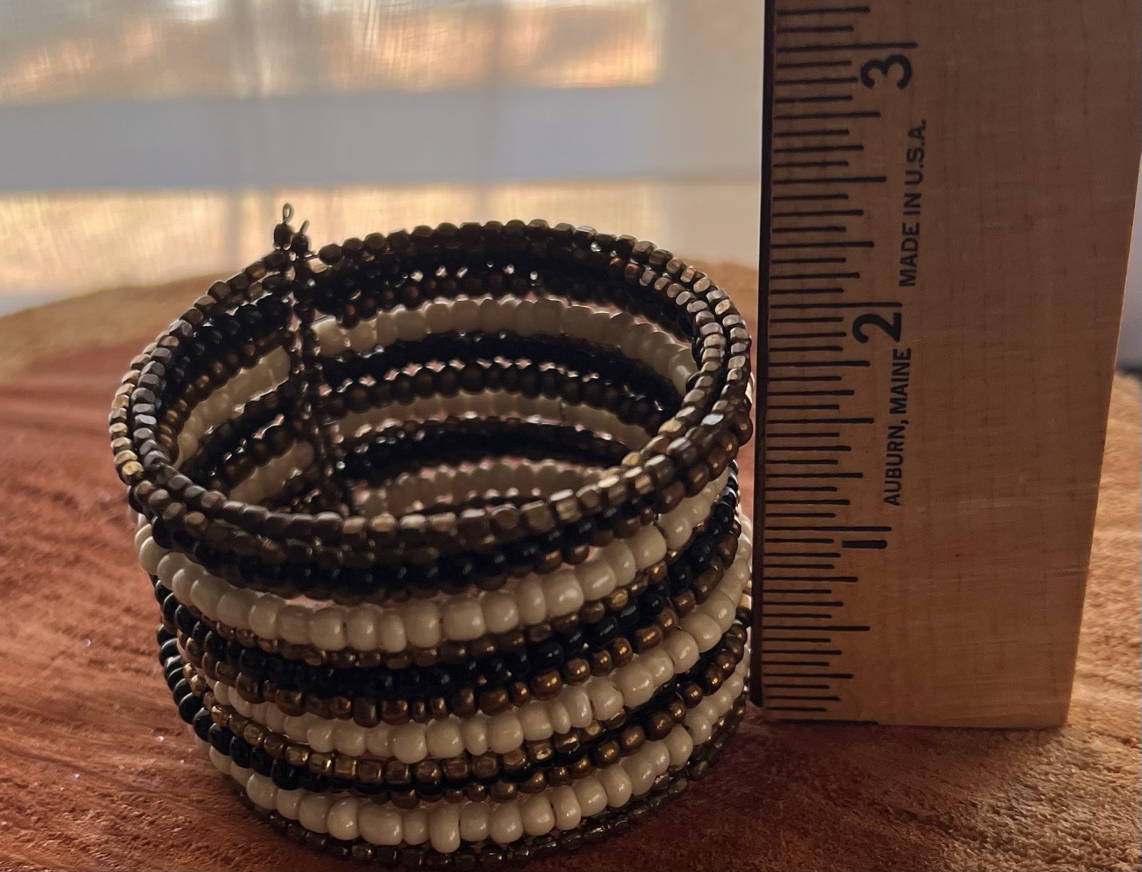 Boho Multi Strand Beaded Memory Wire Cuff Bracelet Black Cream Bronze