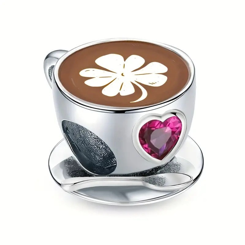 Coffee Cup & Pink Heart Bead Charm Sterling Silver S925 Hallmarked