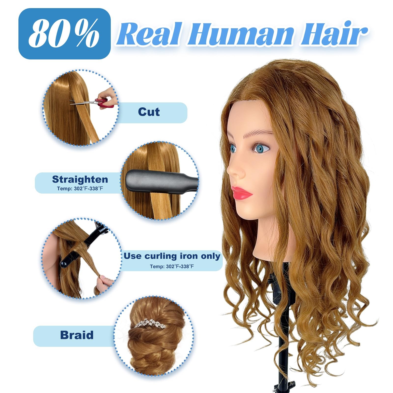 Mannequin Head Human Hair- Cosmetology Manikin Doll Head with 80% Real Hair for
