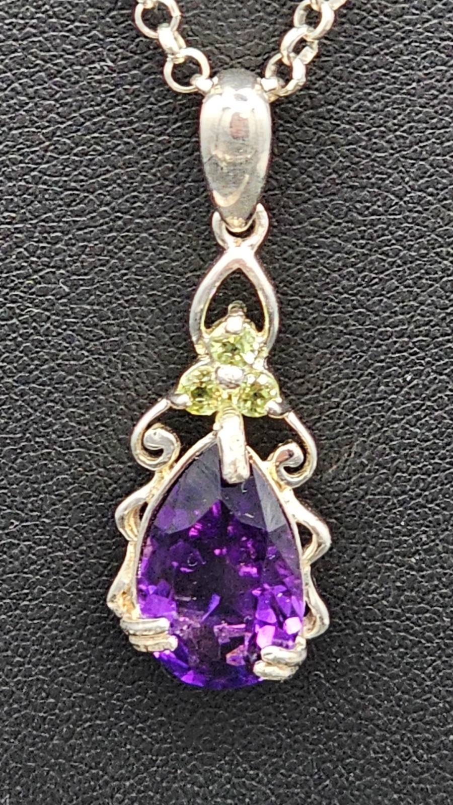 925 Sterling Silver Amethyst Peridot Necklace Pear Pendant 18in Chain 7.36g