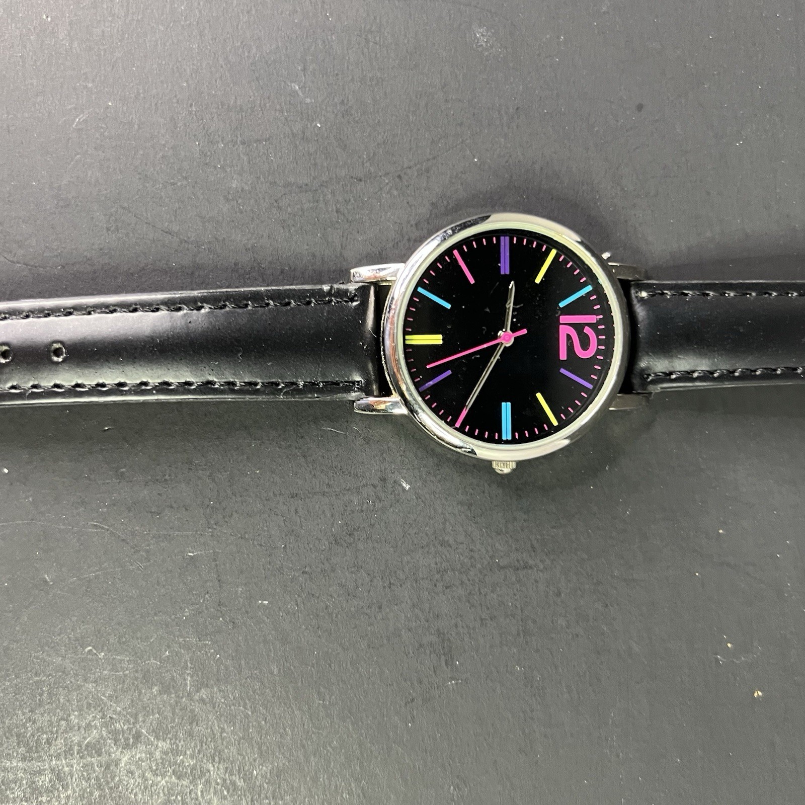 FMD 38mm Silver Case Black FUN Dial Multi Color Stick Indices Pink Second Hand