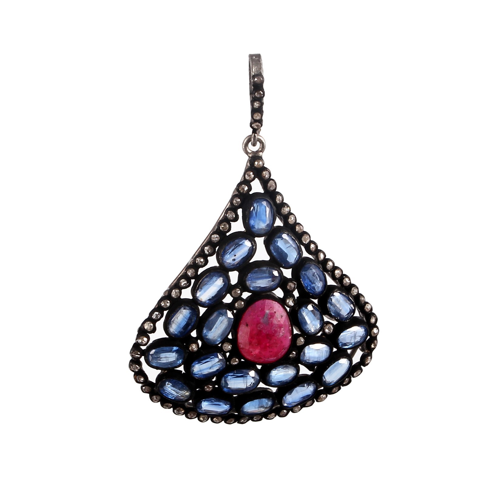 Natural Kyanite Ruby Rose Cut Diamond Pendant 925 Sterling Silver Handmade
