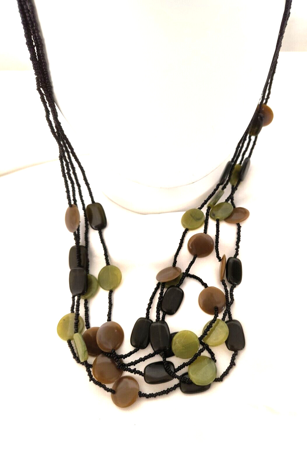 Women’s Necklace Beaded Multistrand Black Brown Green Black Discs Vintage