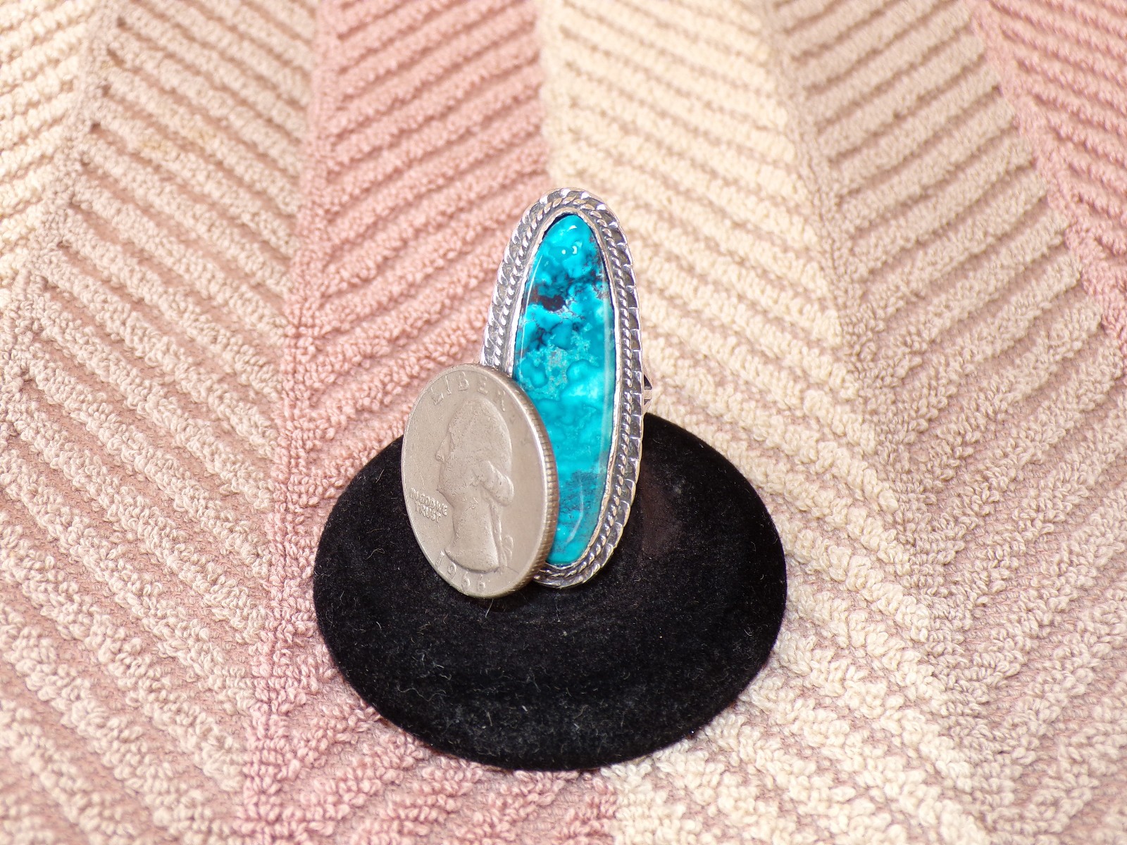 Longer Vintage Sterling Silver & Chrysocolla Ring – Size 7 ish