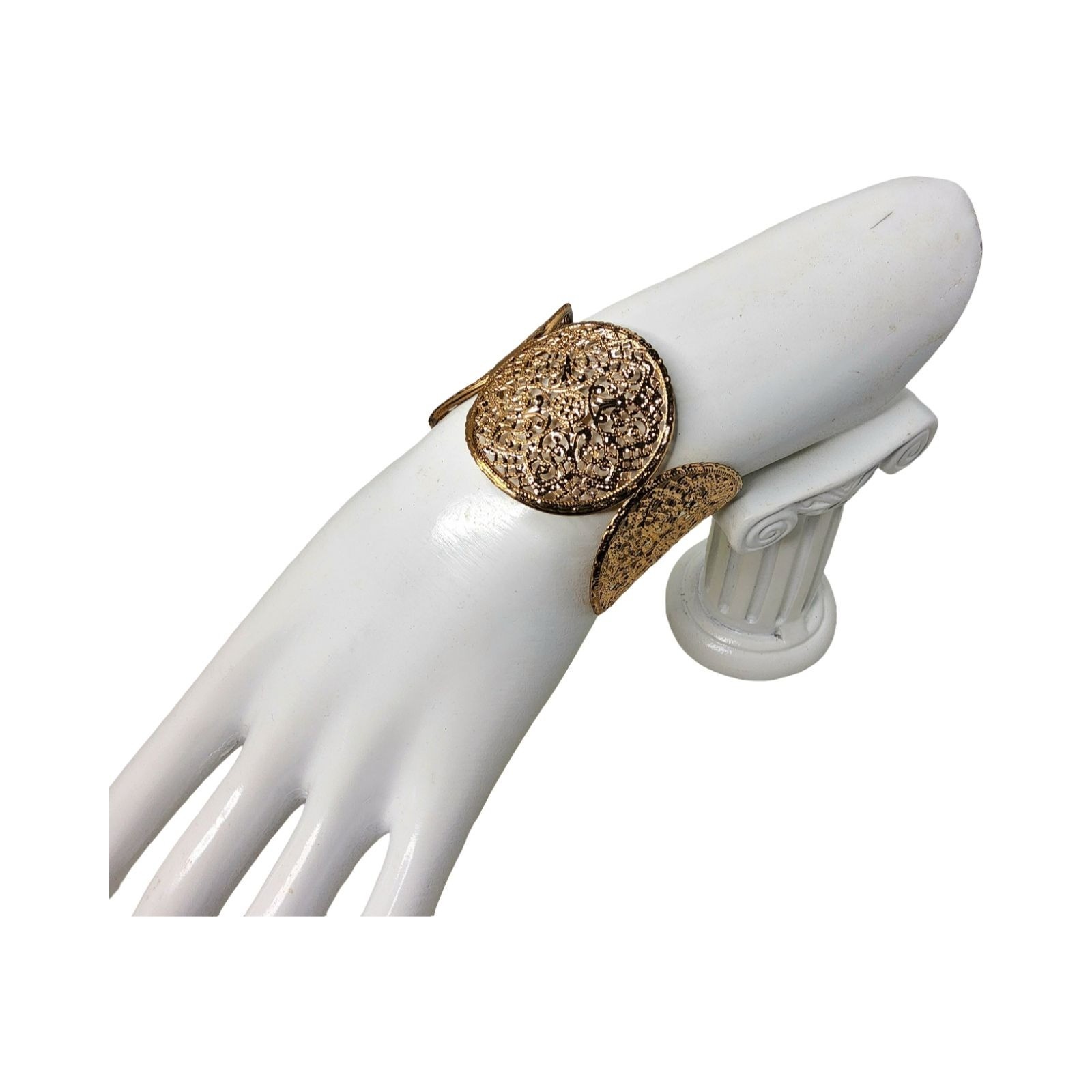 Vintage Gold Tone Oval Panel 7″ Open Cuff Bracelet 1.5″W Medallions
