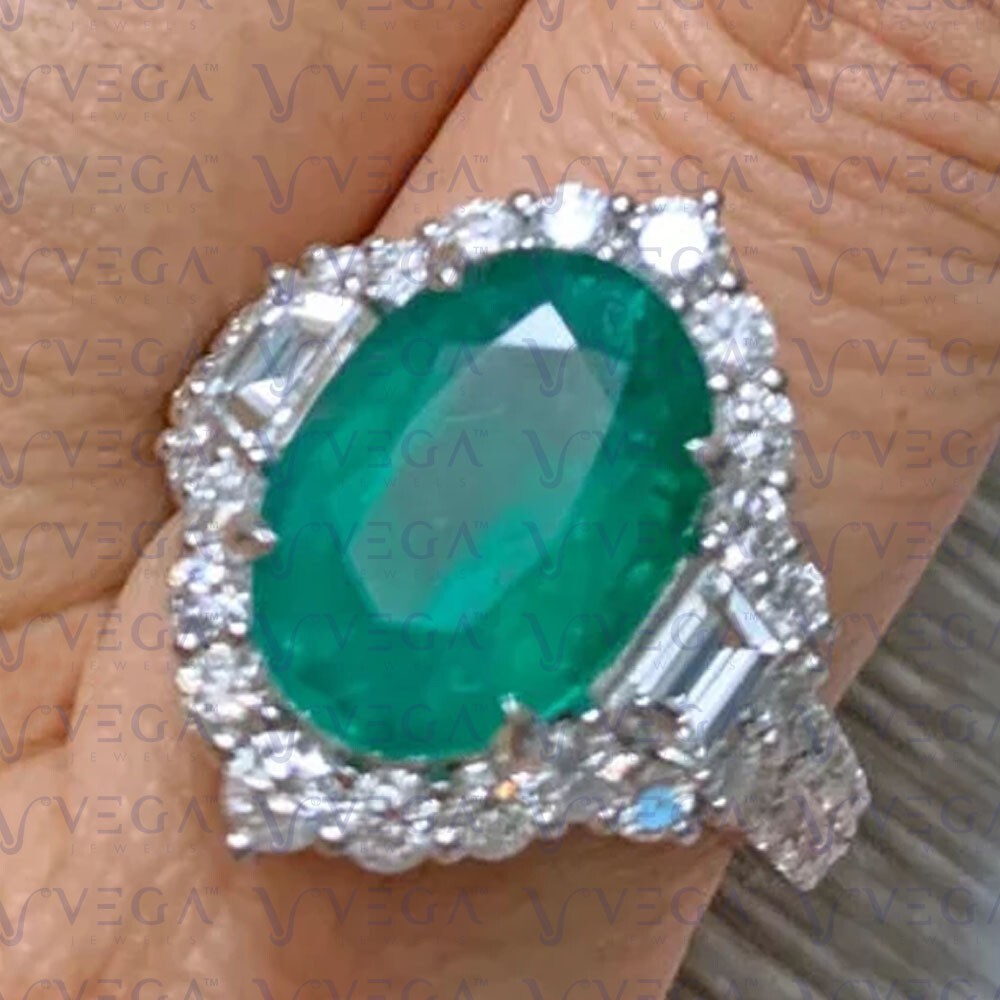 7.90ct Oval Cut Natural Emerald & Diamond Engagement Ring 18K White Gold Plated