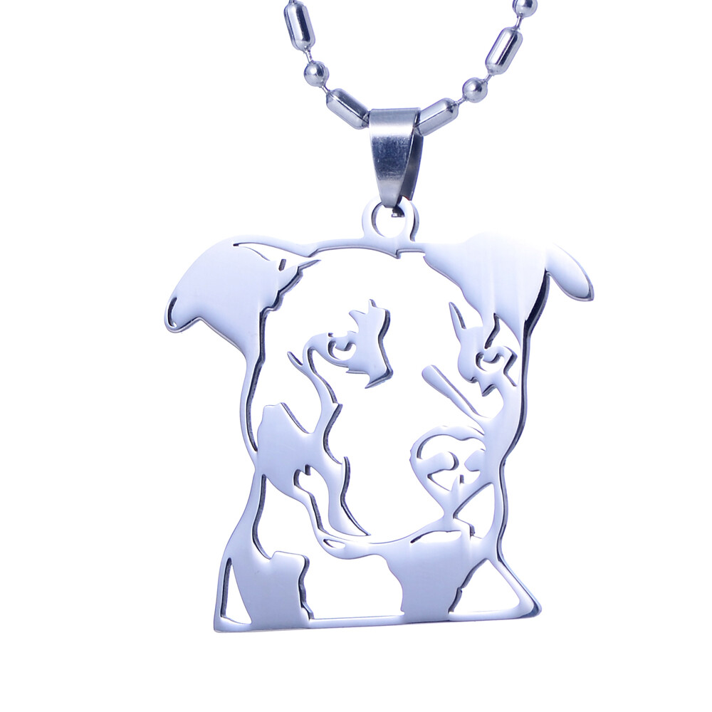 Stainless Steel Natural Ear Pitbull Bull Terrier Dog Face Pendant Chain Necklace