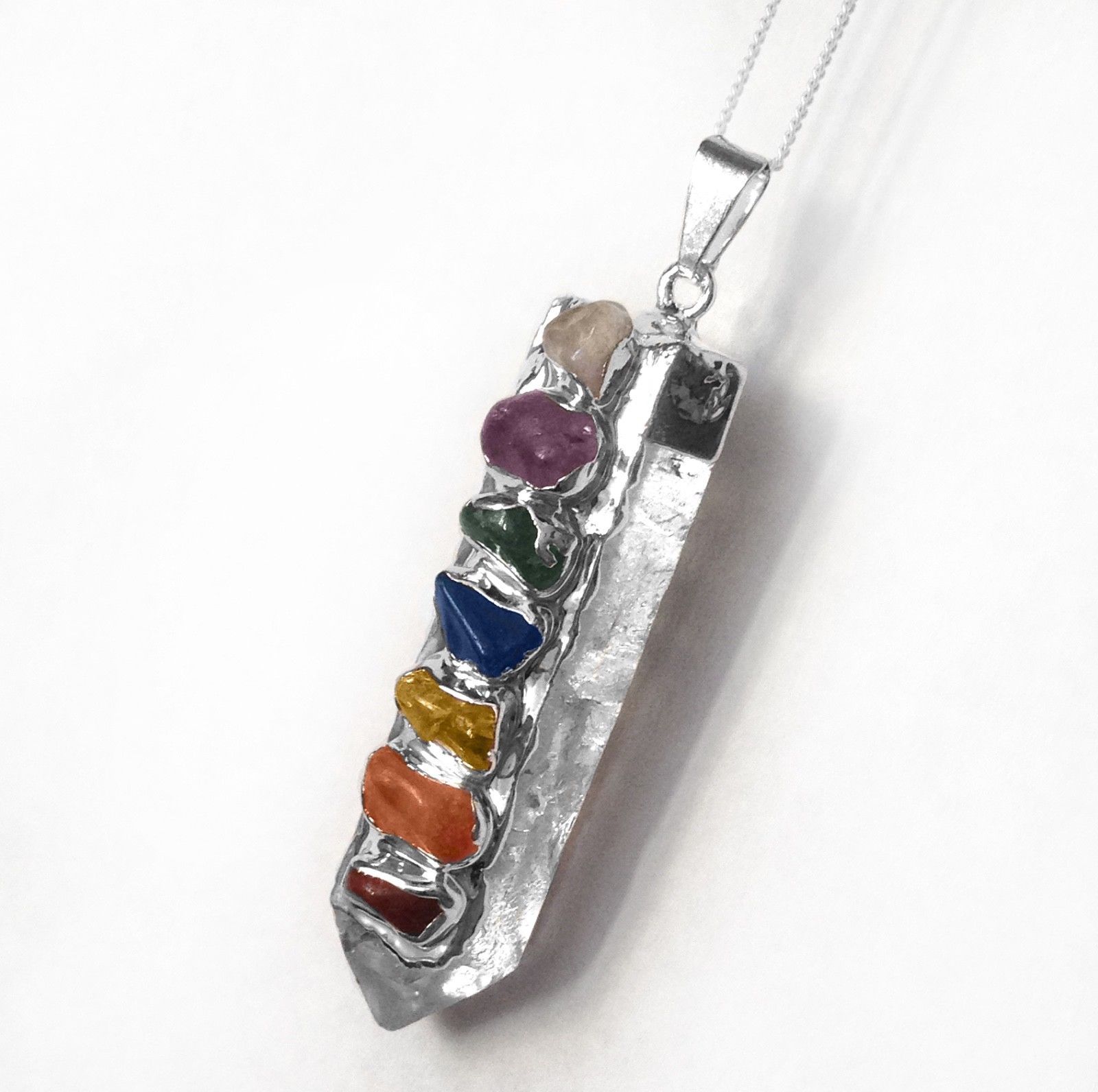 FuNkY Quartz Crystal Point 7 Chakra Pendant Sterling Silver Necklace CHARGED Hea