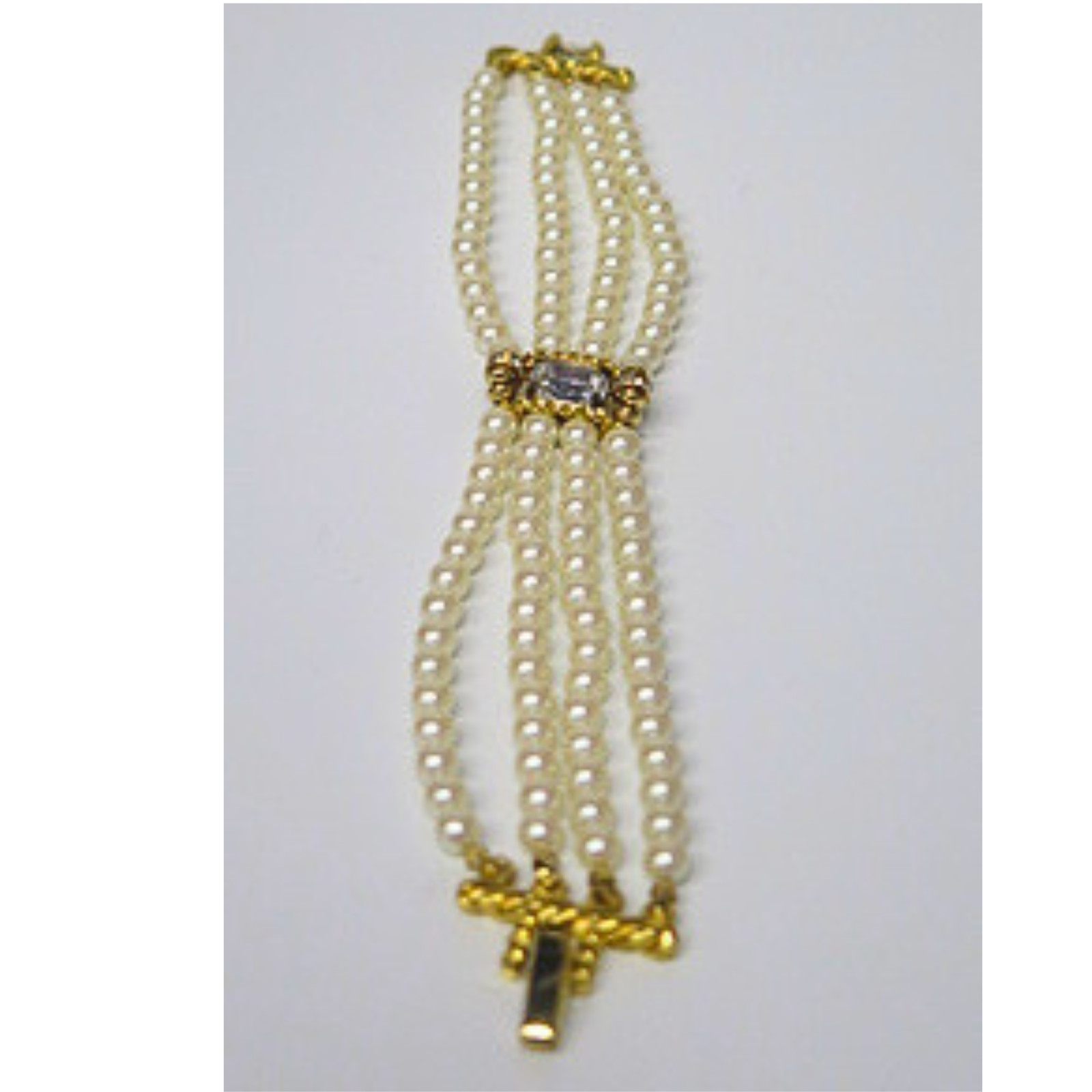 Vintage 4 Strand Faux Pearl Bracelet Gold Tone Crystal Accent Estate 7.5″