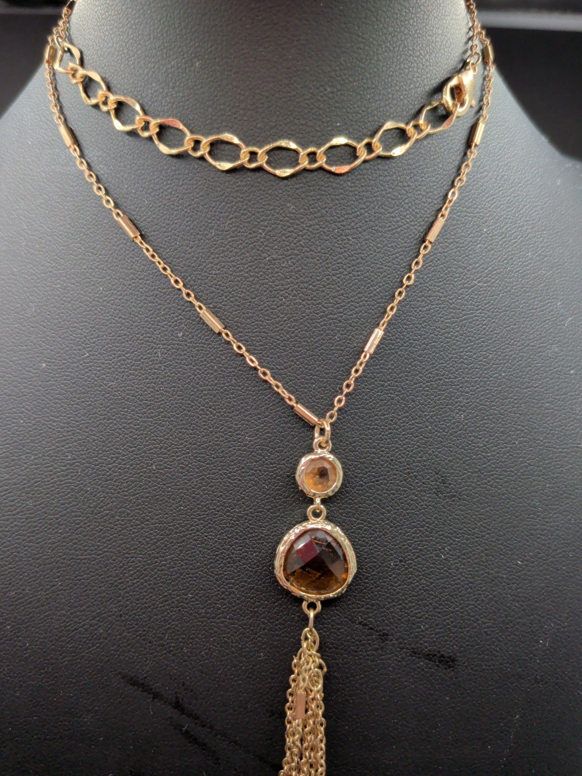 Long Gold Tassel Pendant Necklace Station Chain Bar Link Fringe Bezel Crystal
