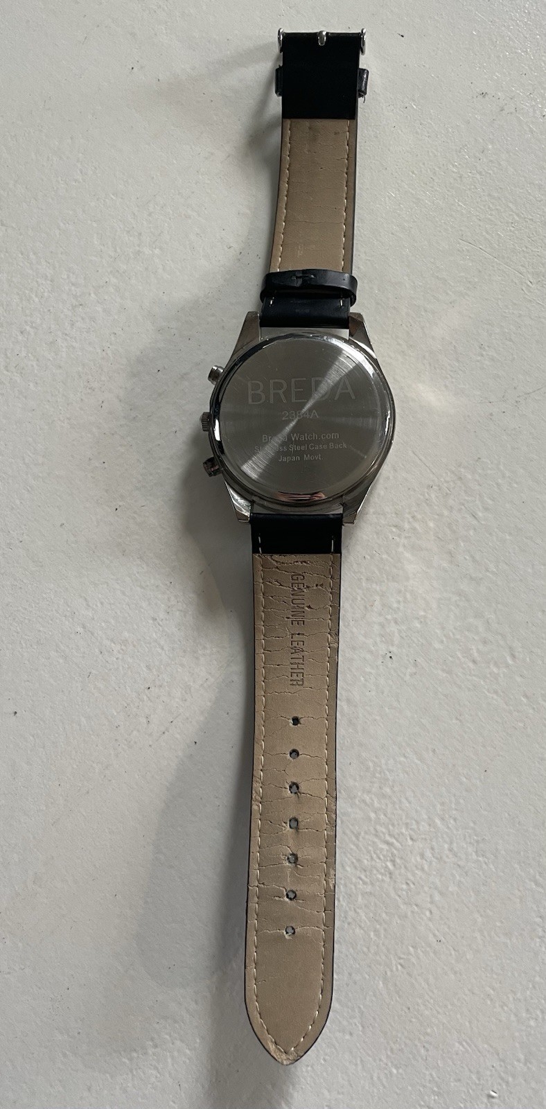 BREDA 2384A Watch Men White Dial Silver Tone Black Leather BATTERY NEEDED