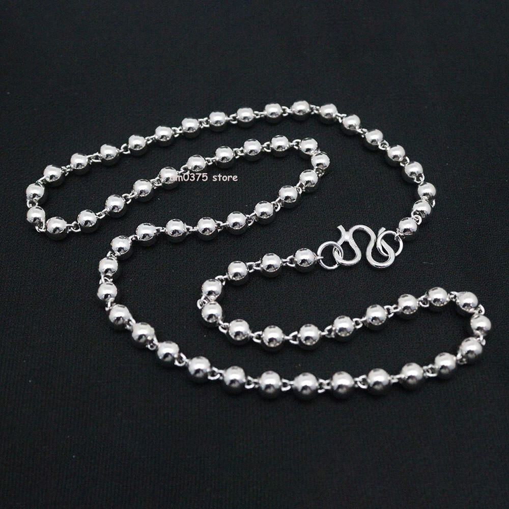 Real S925 Sterling Silver Necklace Women Man 6mm Beaded Chain 22inch /29-30g