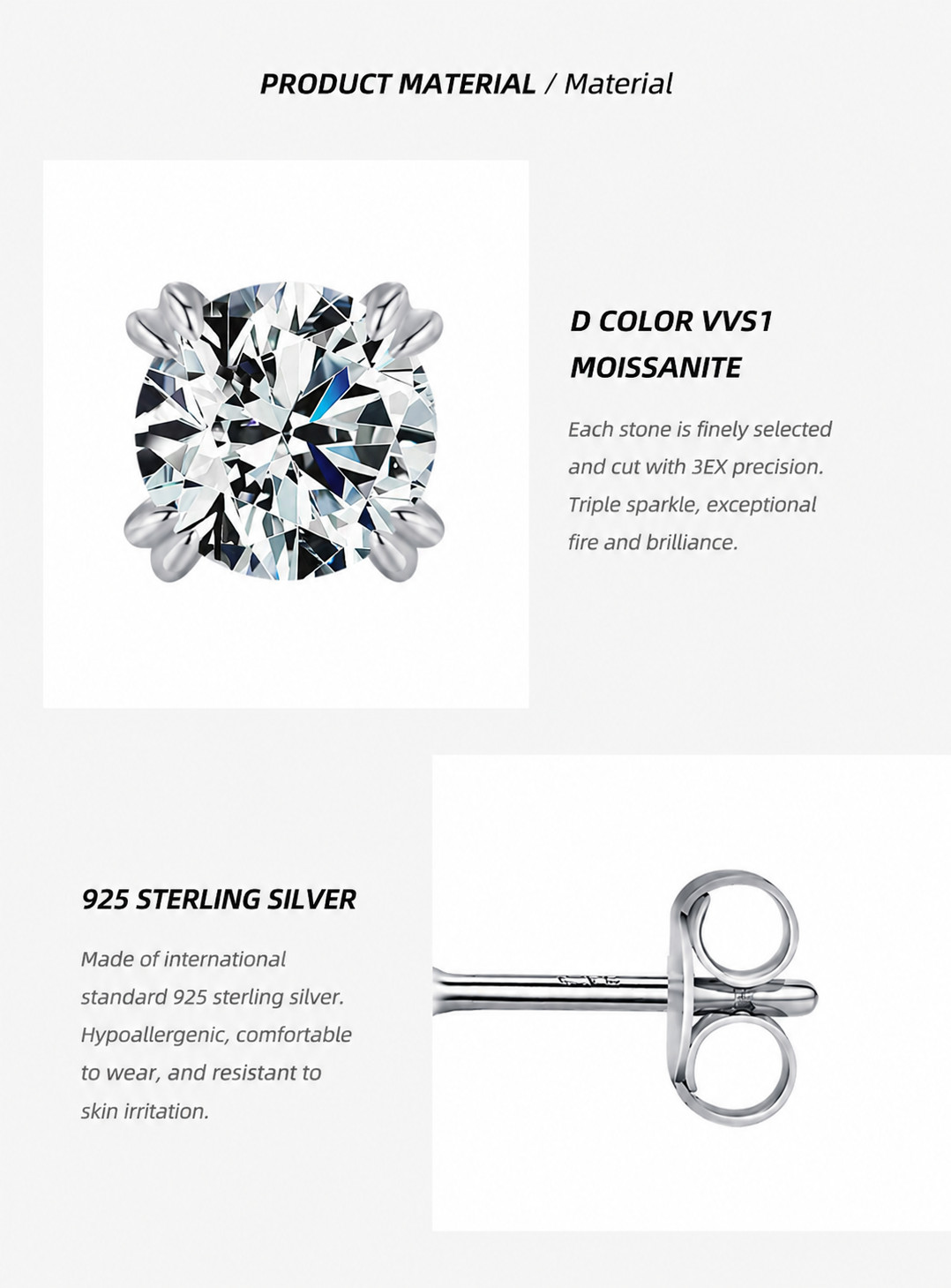 Moissanite Stud Earrings 1-2CTW D VVS1 925 Sterling Silver Push Back GRA