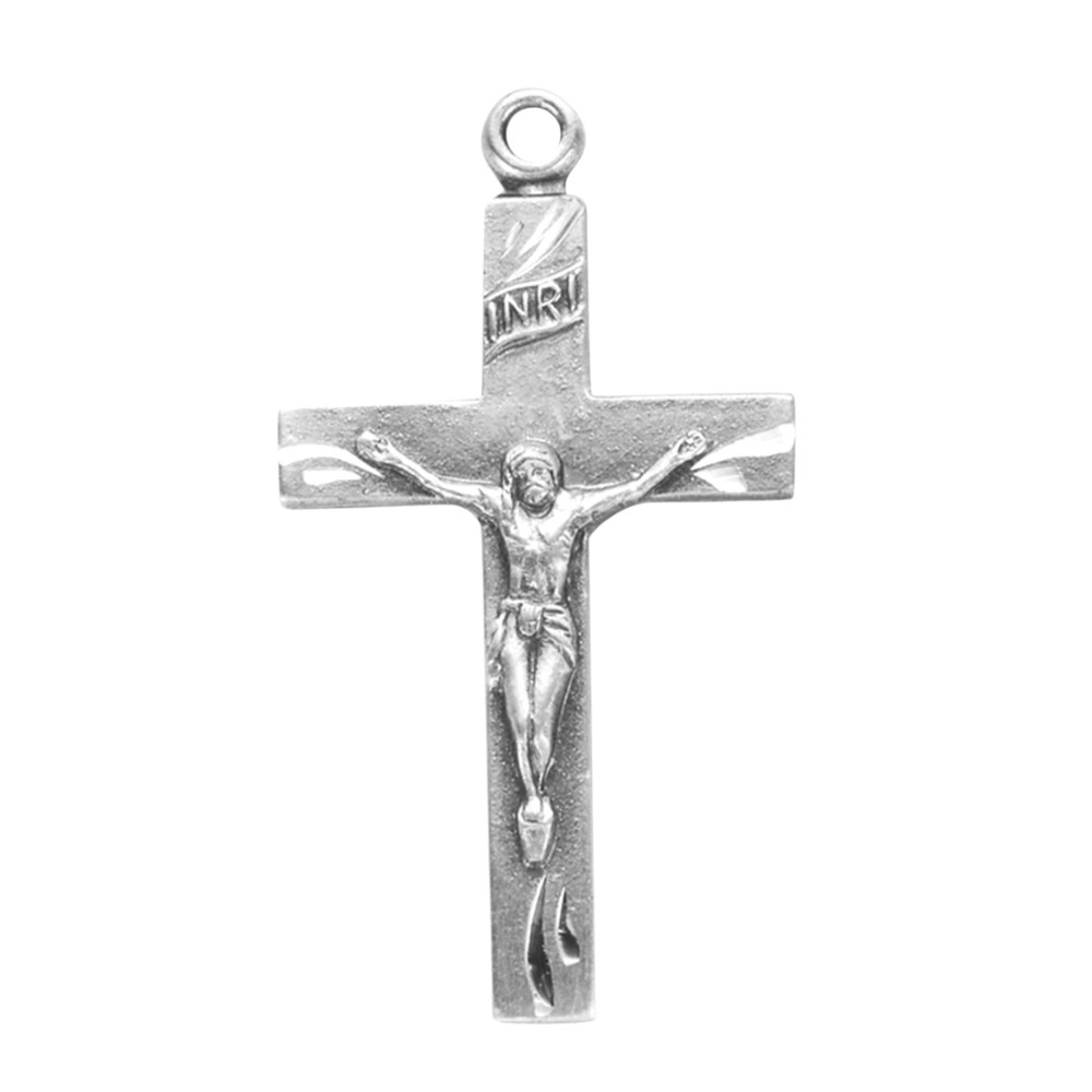 .925 Sterling Silver Basic Engraved Crucifix Medal Pendant Necklace, 18″ Chain