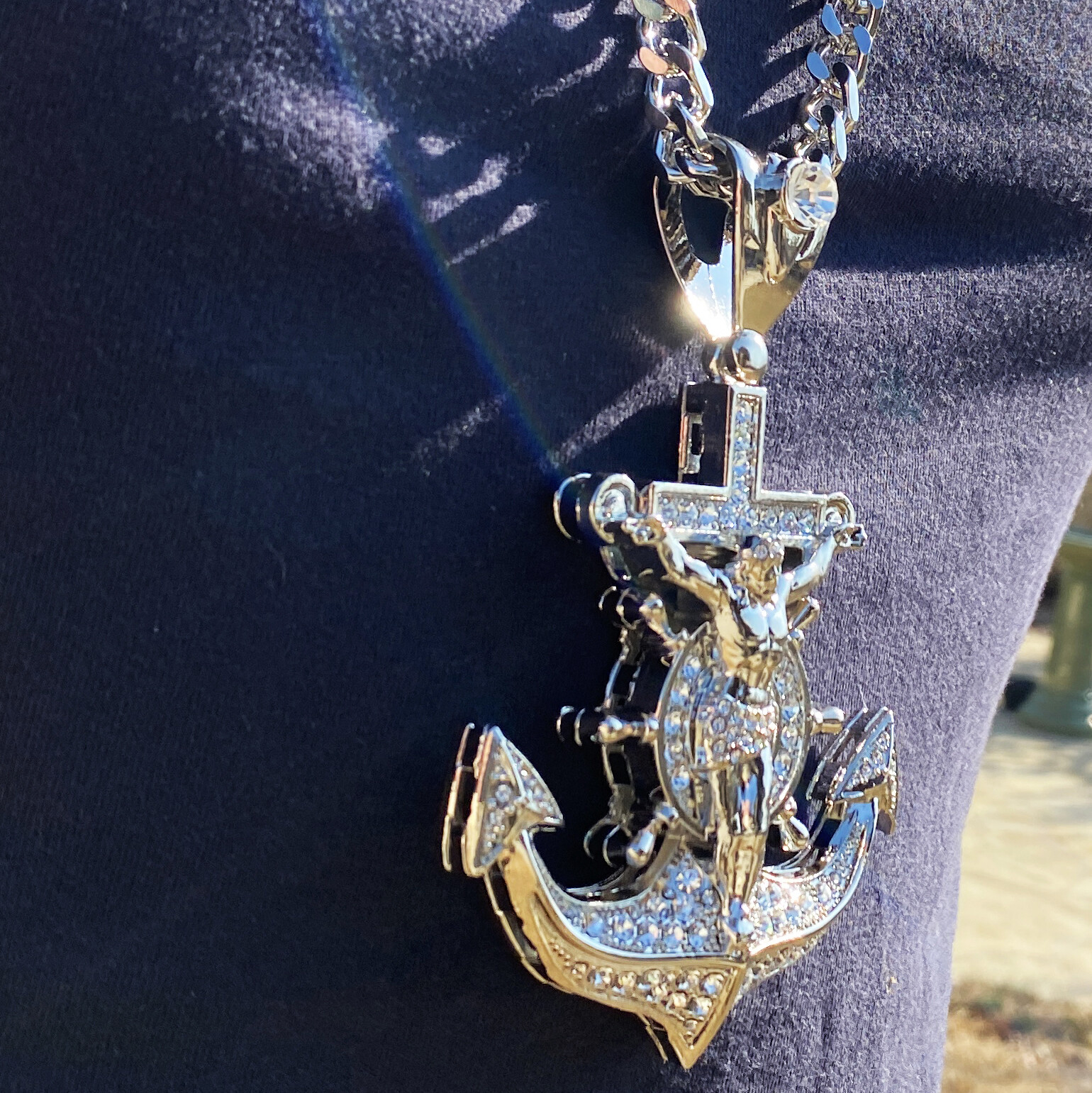 Mens Huge Large Mariners Cross Jesus Anchor Cuban Hip Hop Chain Silver Tone 30″