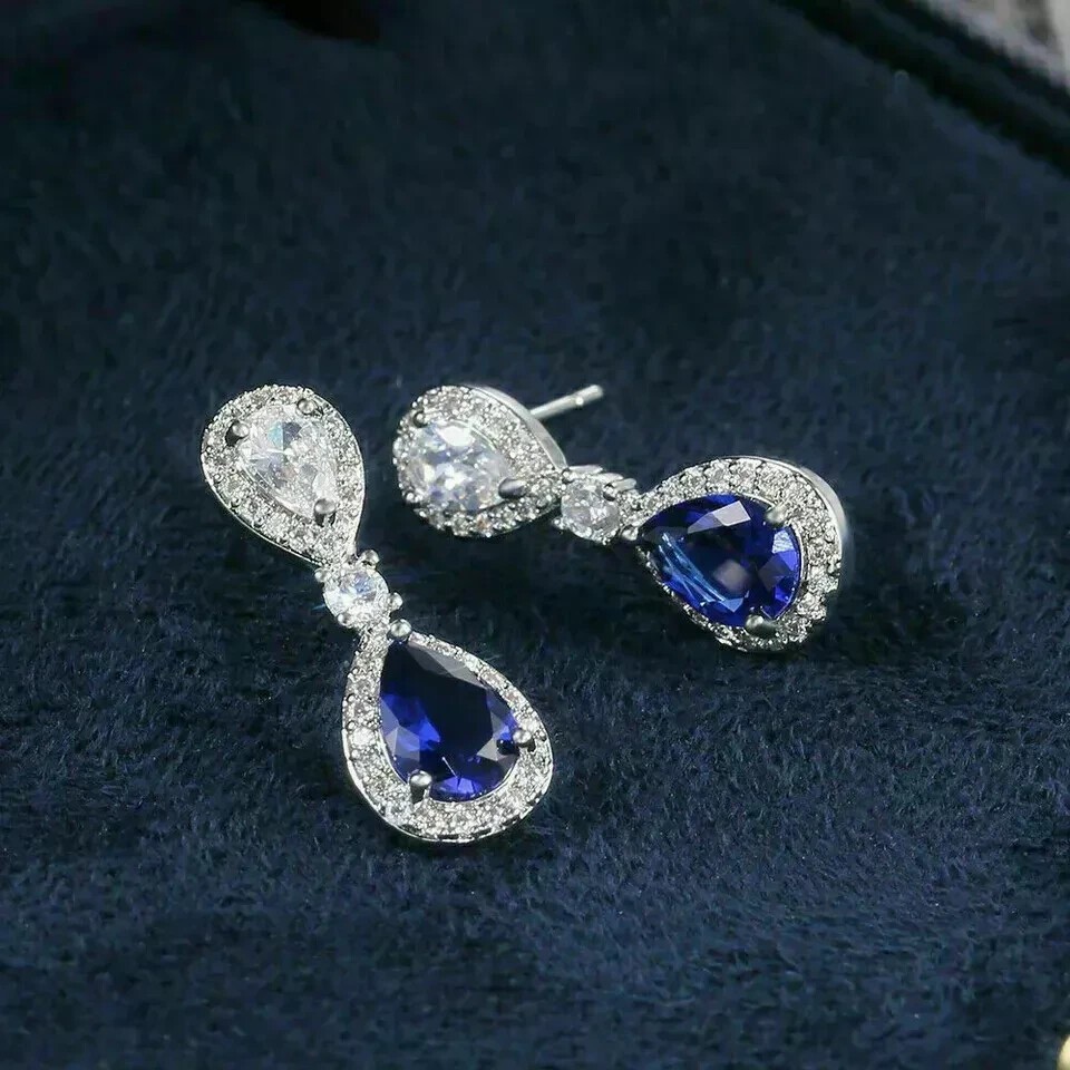 2.30Ct Pear Cut Simulated Sapphire Drop/Dangle Earring In 14K White Gold Plated