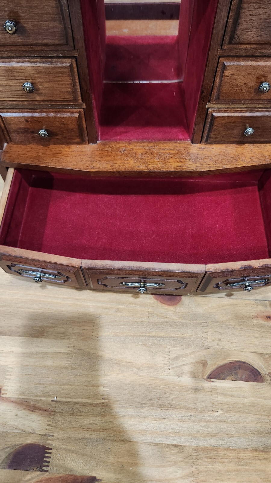 Wood Jewelry Box Table Top Velvet Lined Drawers 13″ X 14″ Vintage Taiwan