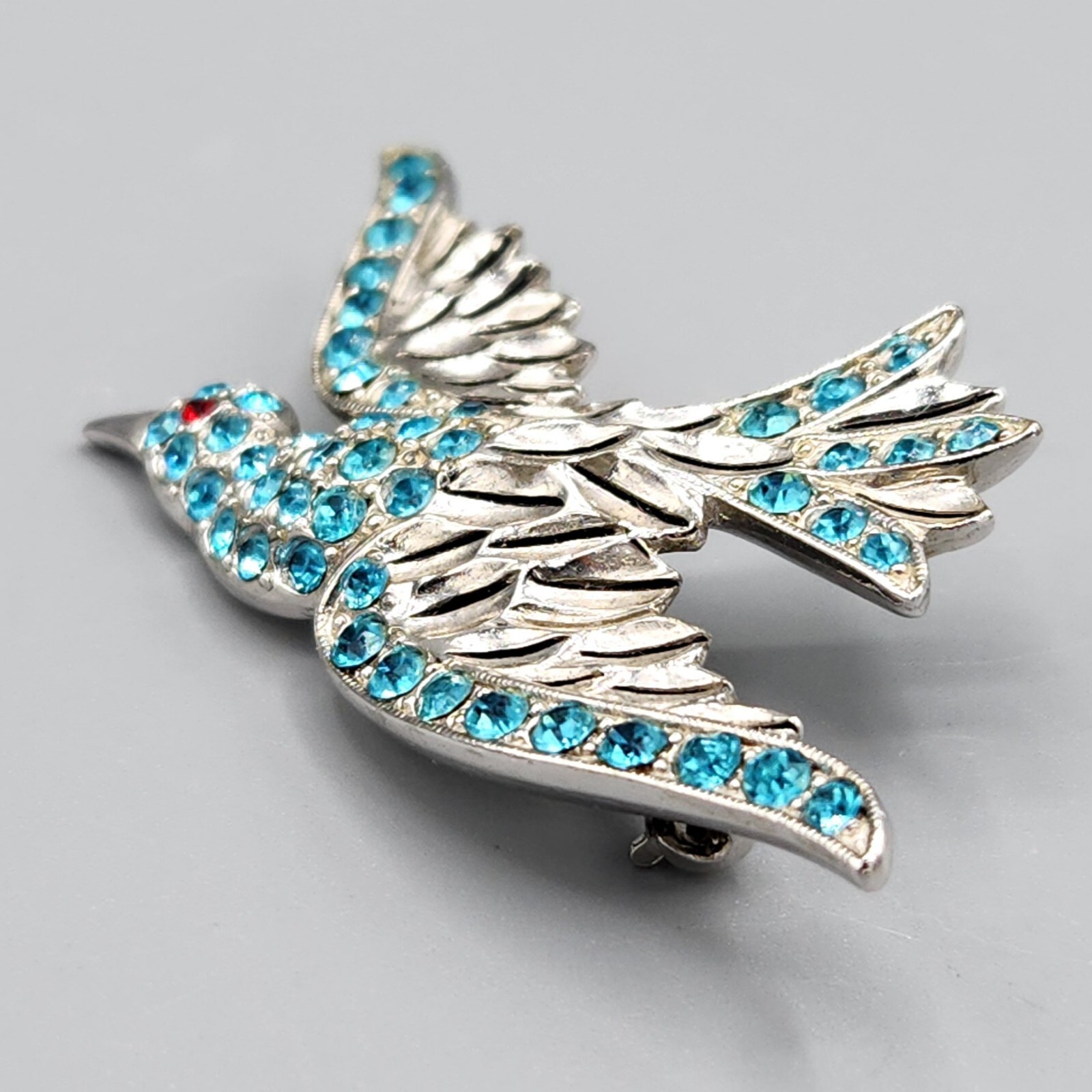 Vintage Retro Ora Signed Figural Blue Rhinestone Rhodium Plate Bird Brooch