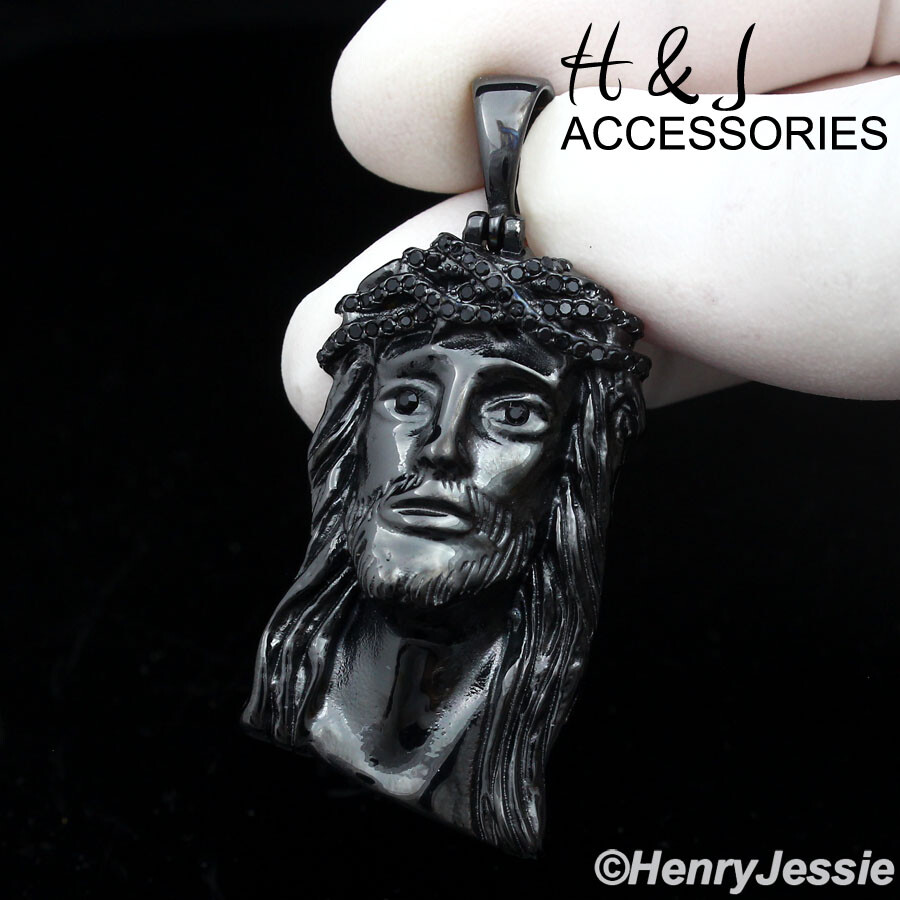 24″30″Stainless Steel 5mm Black Plated Rope Necklace CZ Jesus Face Pendant*A133