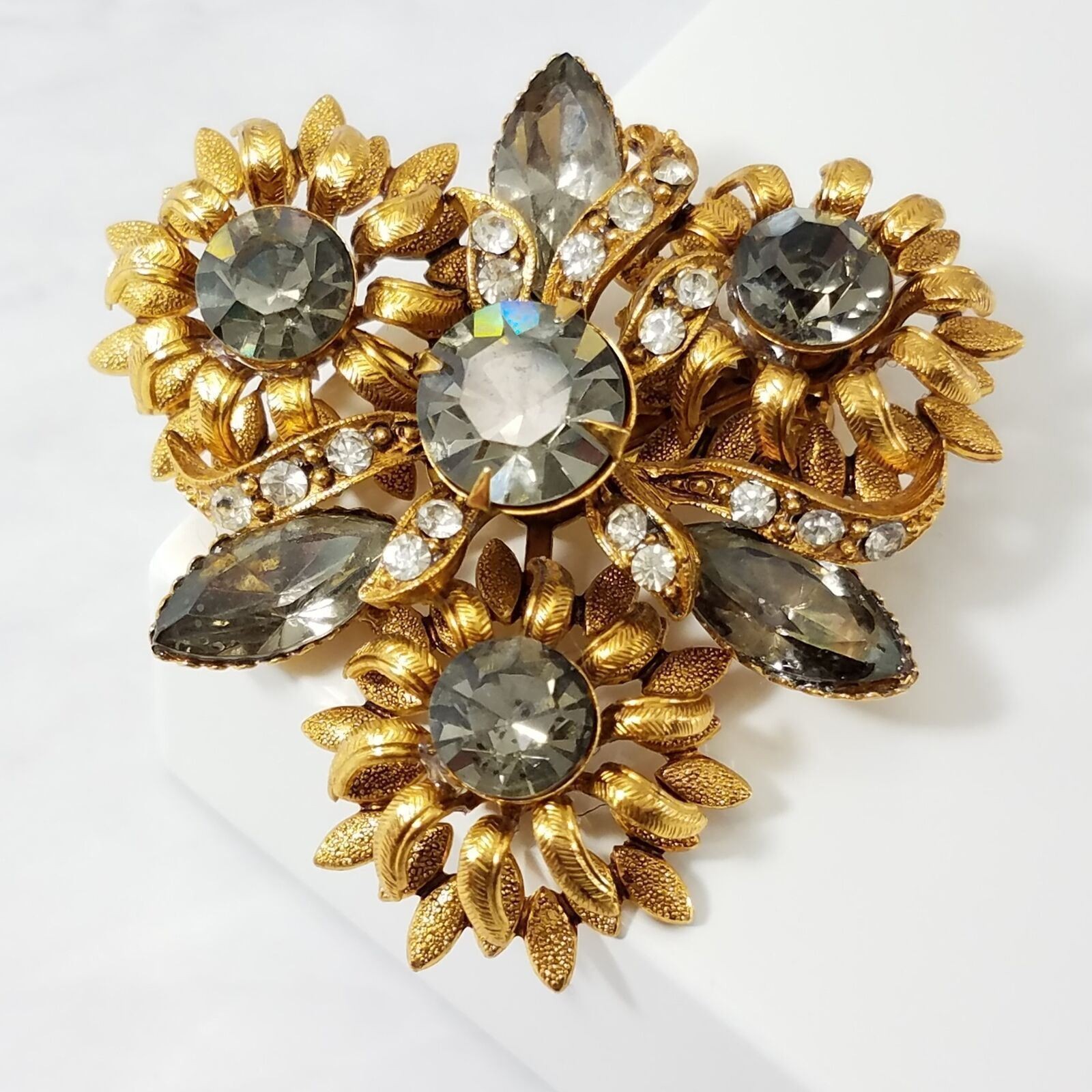 Vintage Riveted Statement Brooch Smoky Navette Crystal Runway Gold Tone Pin