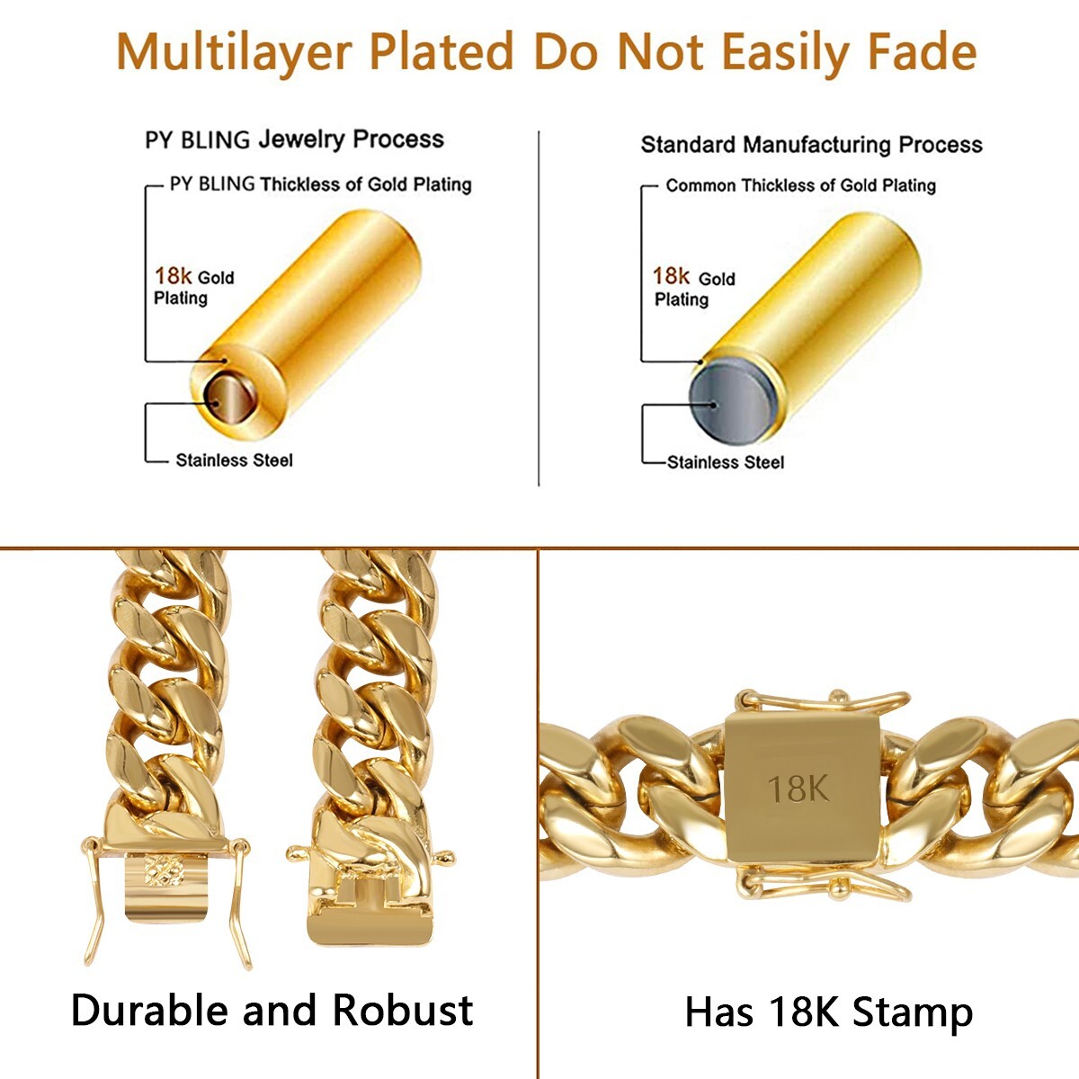 Heavy Stainless Steel Men’s Miami Cuban Link Chain or Bracelet 18k Gold Plated