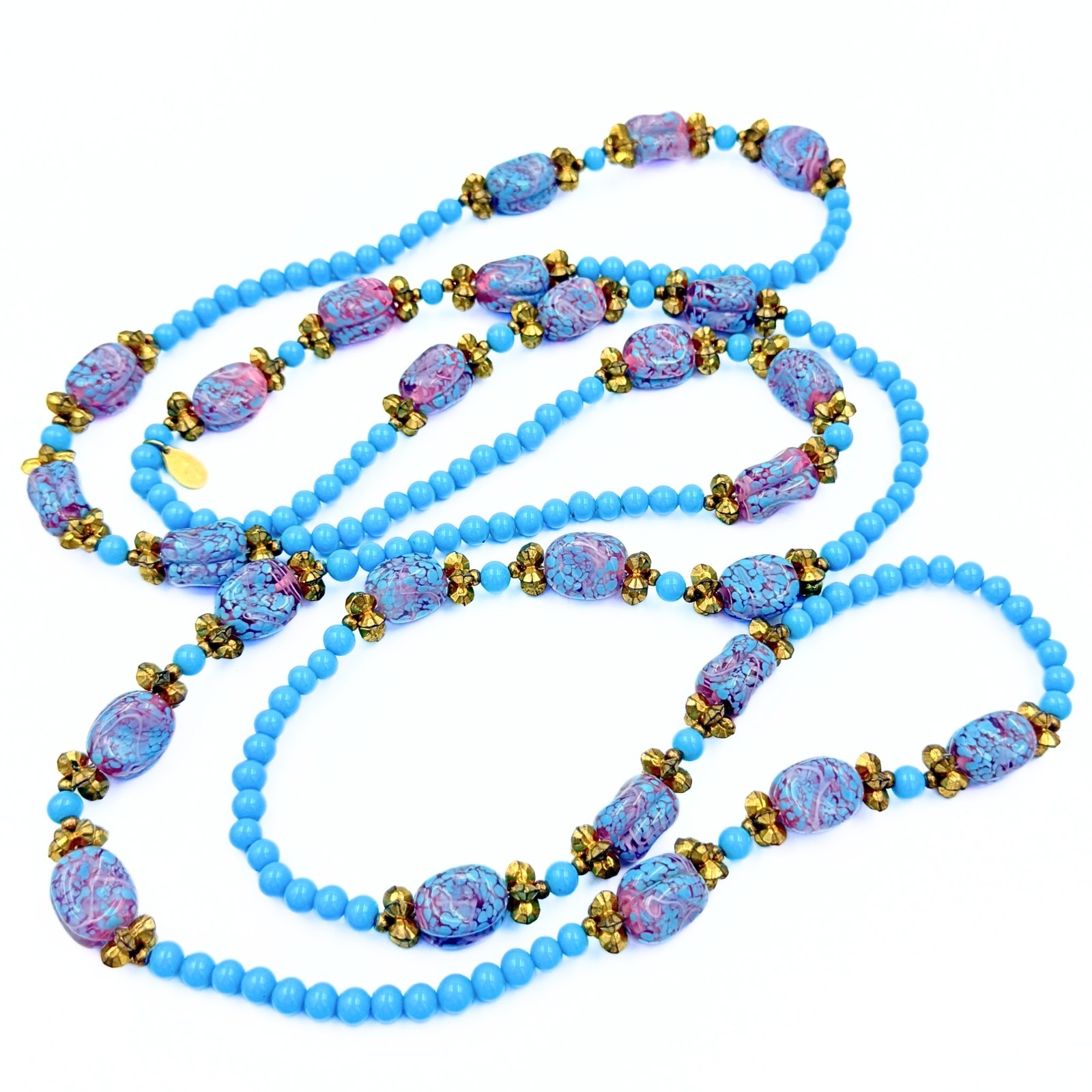 Vintage William De Lillo Couture Wedding Cake Glass Bead Sautoir Blue Necklace
