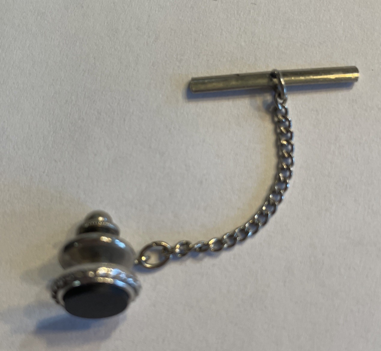 Vintage Tie Tack Silver Tone Black Stone Stick Pin Chain Lapel Pin Men’s Classic