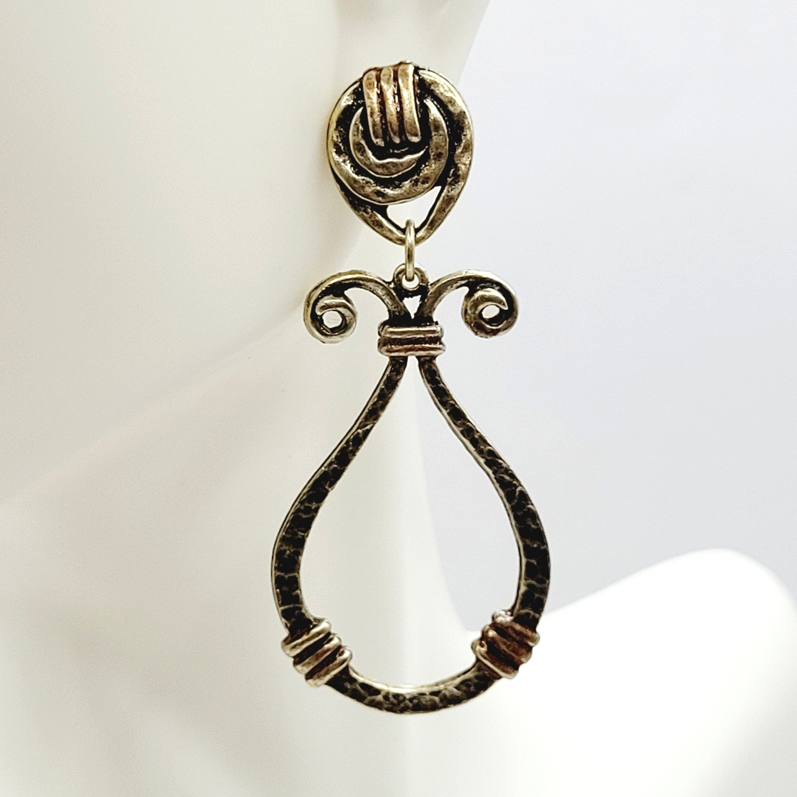 Modern Geometric Loop Hammered Look Ornate Stud Mix Metal Tone Pierced Earrings