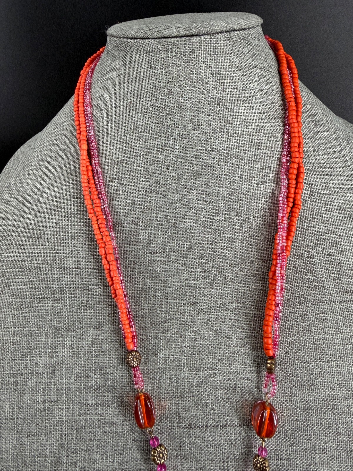 Coldwater Creek Orange Dyed Shell Pendant Seed Bead Necklace 29″