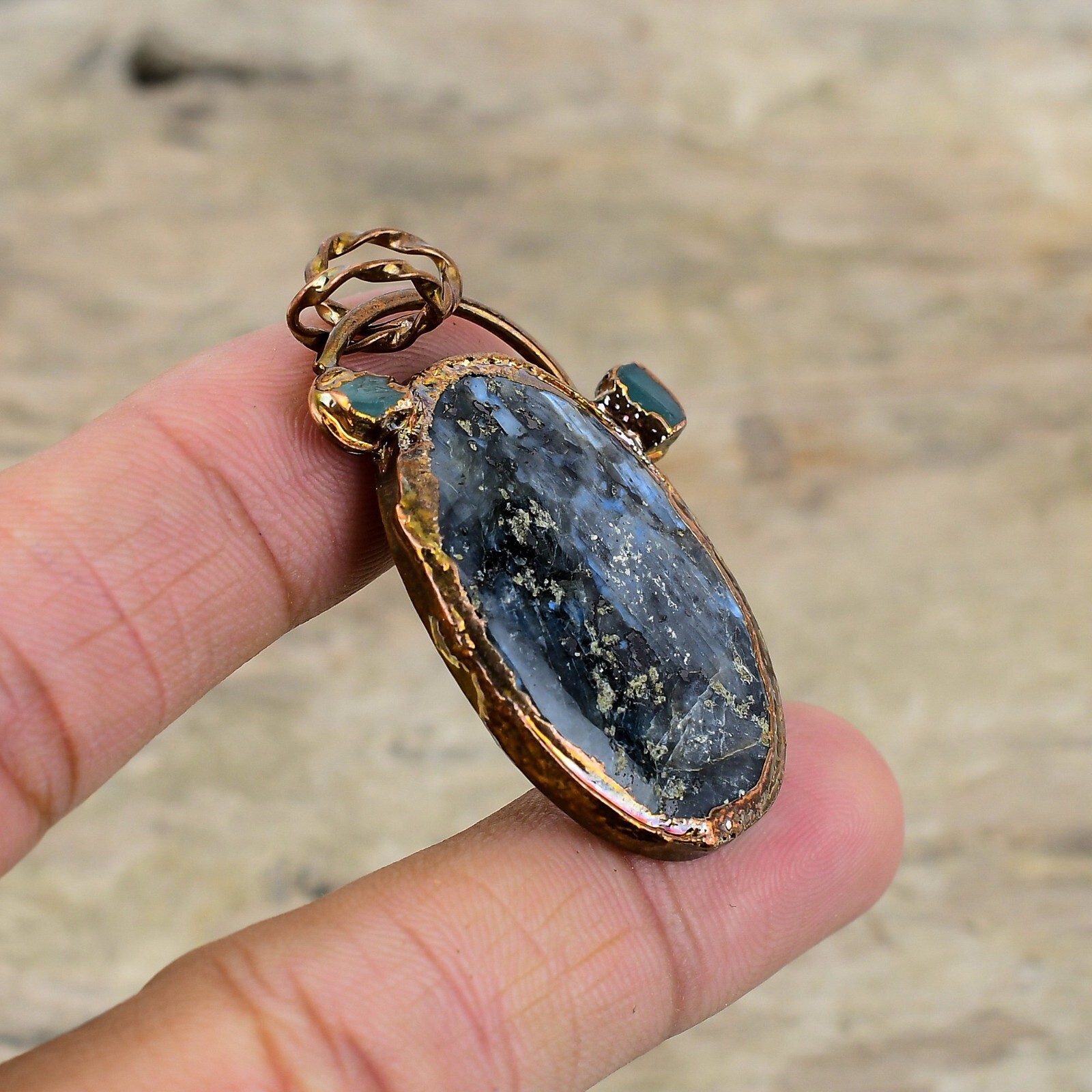 Larvikite Electroformed Pendant Handcrafted Copper Dailywear Jewelry 1.97″