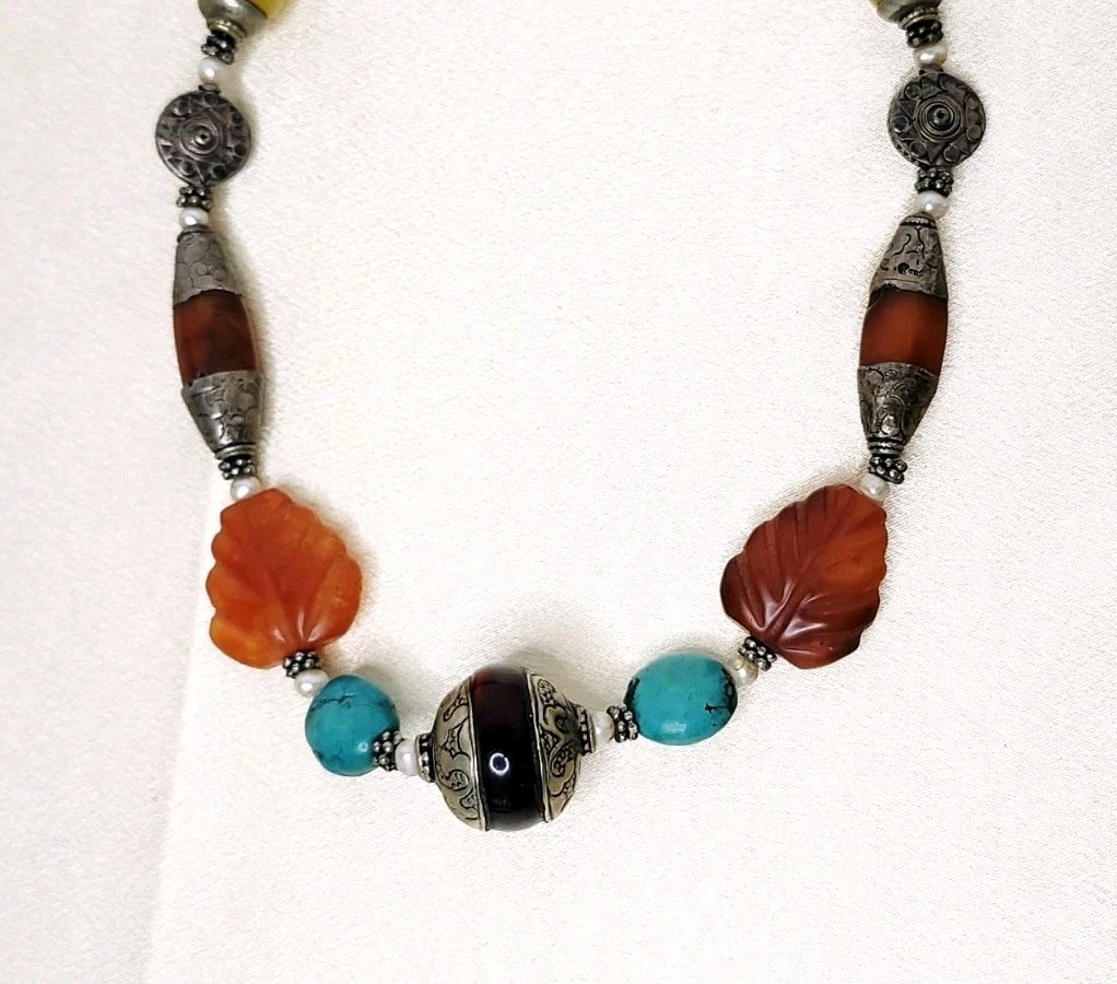 Vintage Tibetan Himalayan Tribal Beaded Statement Necklace Carnelian Turquoise