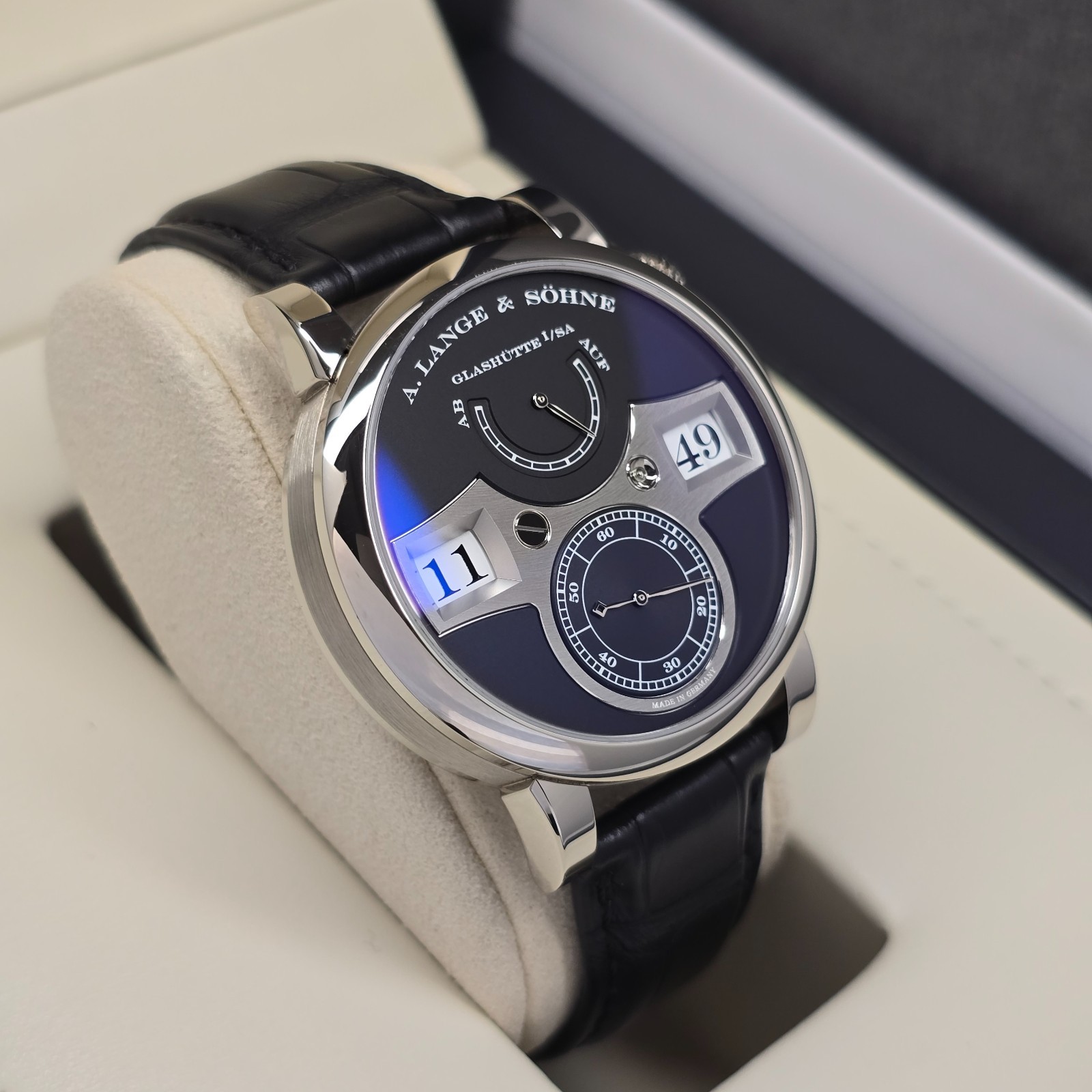 A. LANGE & SOHNE ZEITWERK 140.029 41.9MM 18K WHITE GOLD BLACK DIAL B&P