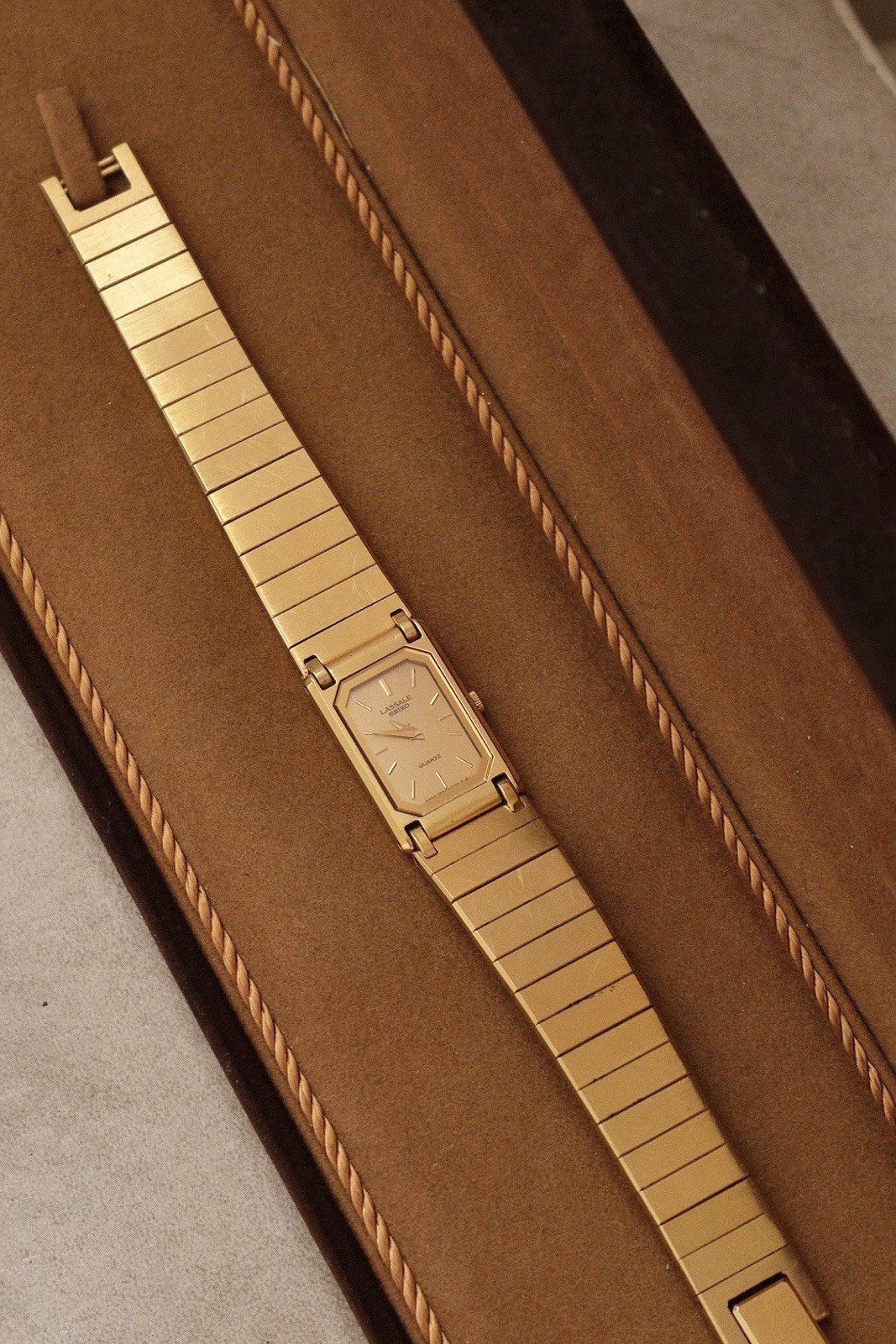 90s Vintage Ladies Ultra Thin Tank Lassale Seiko Gold Plated Watch in Box