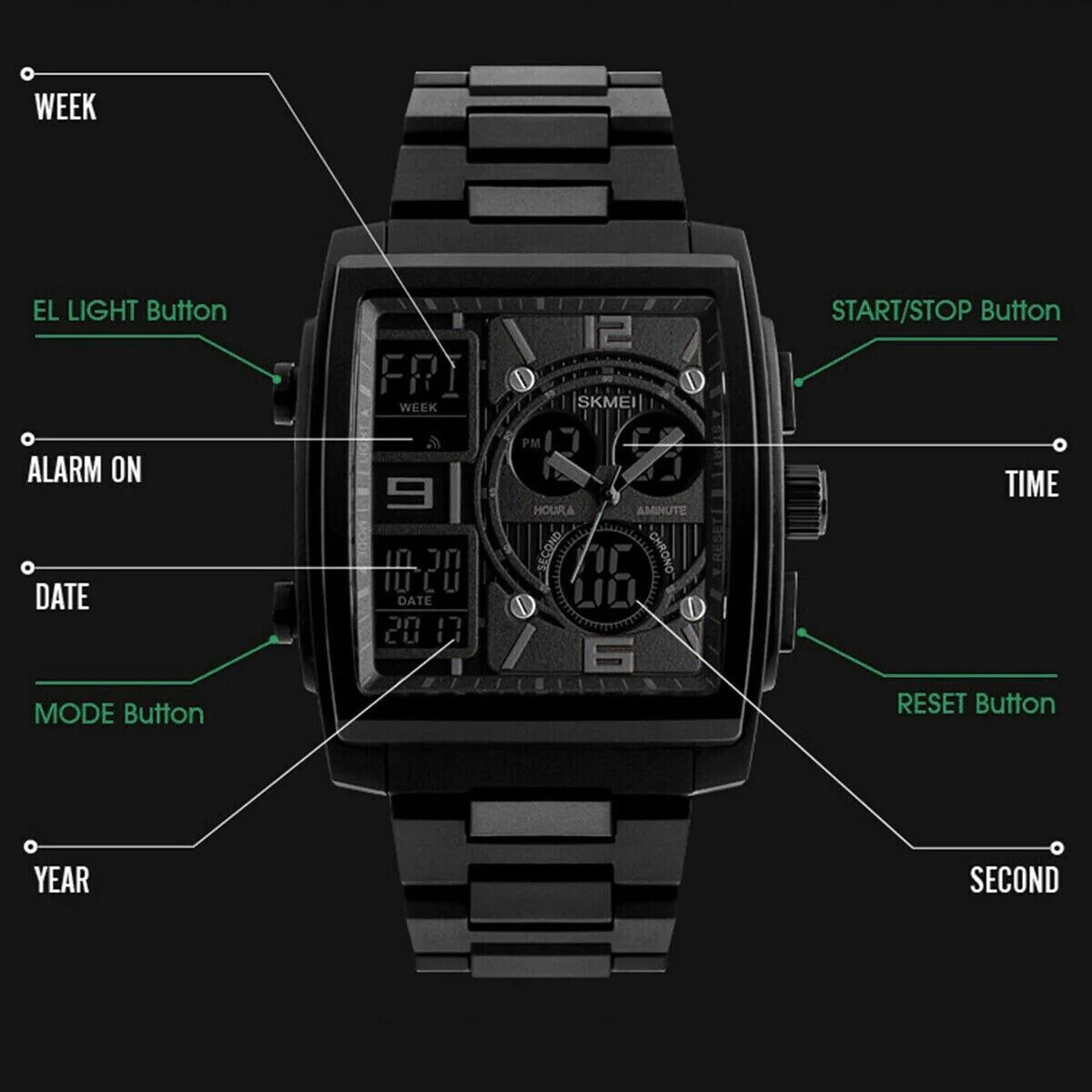 Men’s Military Sport Watch 50M Waterproof LED Dual Time Zone Alarm Chronograph