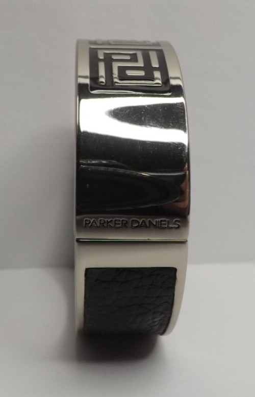 Parker Daniels Hinged Logo Block Black & Rhodium Bracelet – Leather Insert #PDJ9