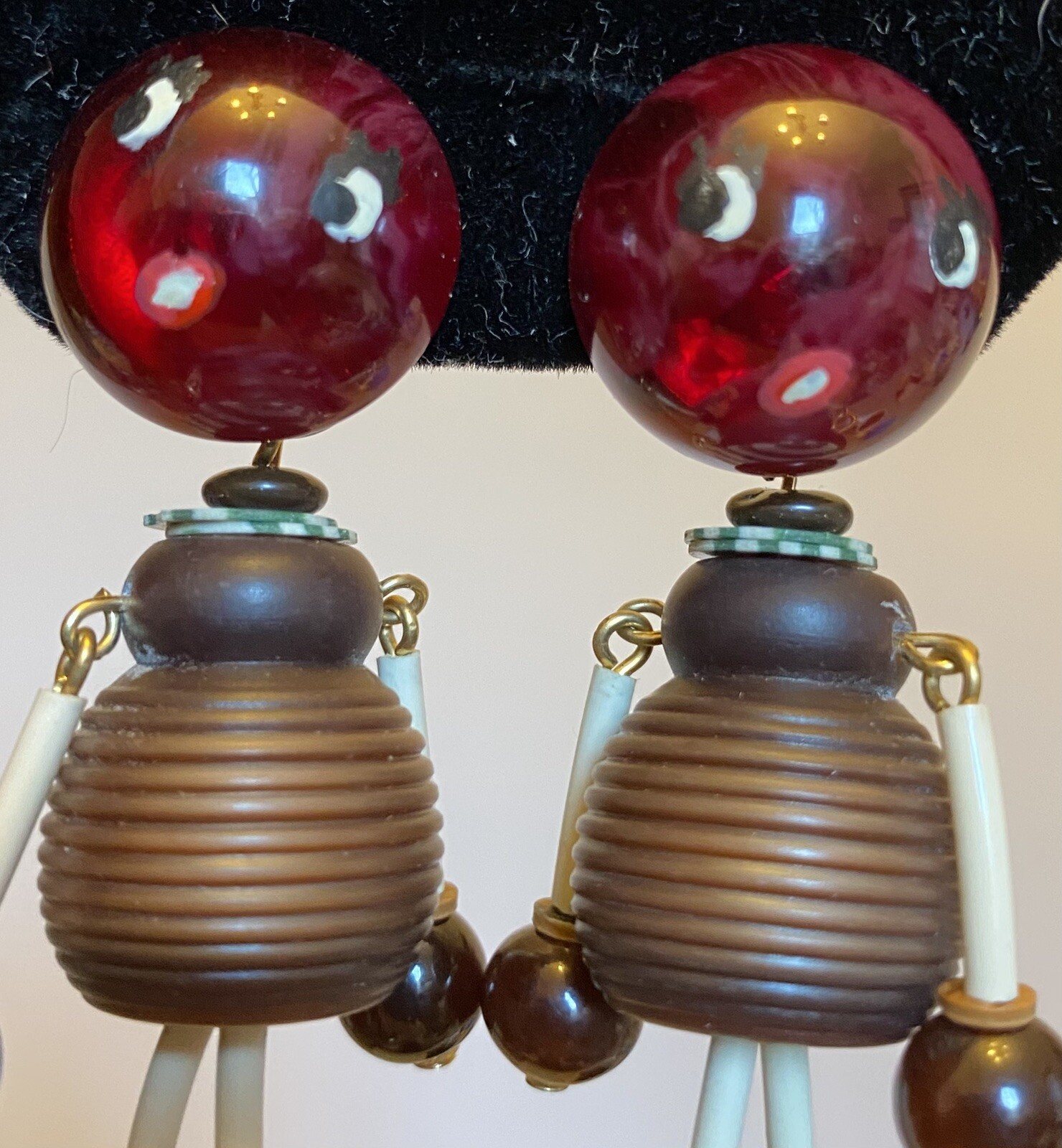 vintage French Celluloid Plastic Beaded Brown Girl Dangly Clip Paris Earrings 3″
