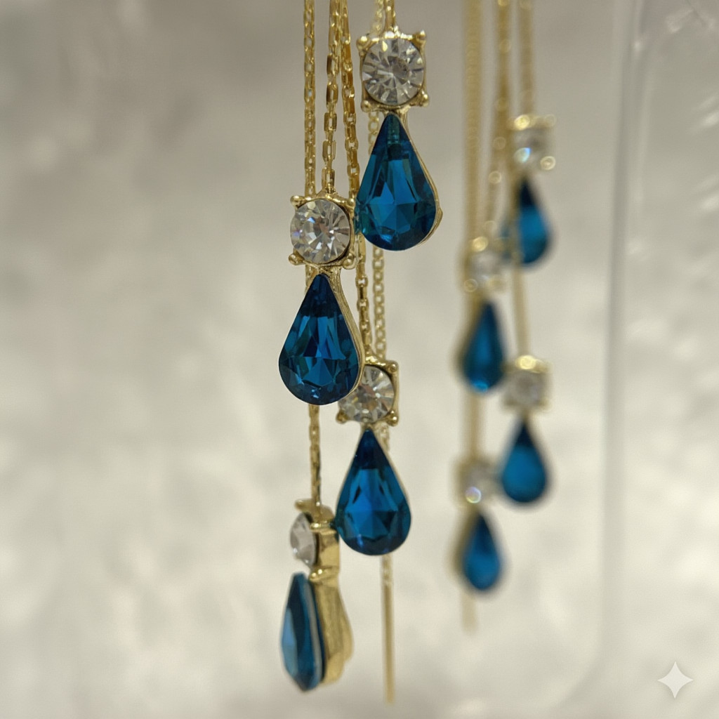 Blue Threader Earrings Long Drop Gold Dangle Crystal Zircon