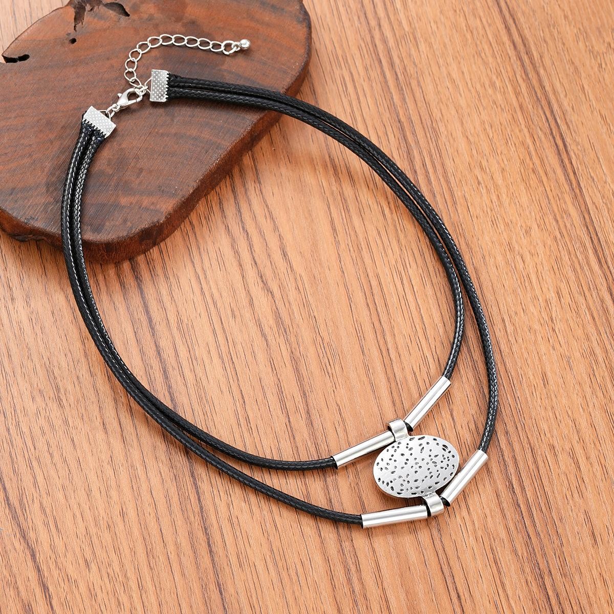 Vintage Oval Faux Leather Necklace Bracelet Set Women Gold Silver 2pc Jewelry