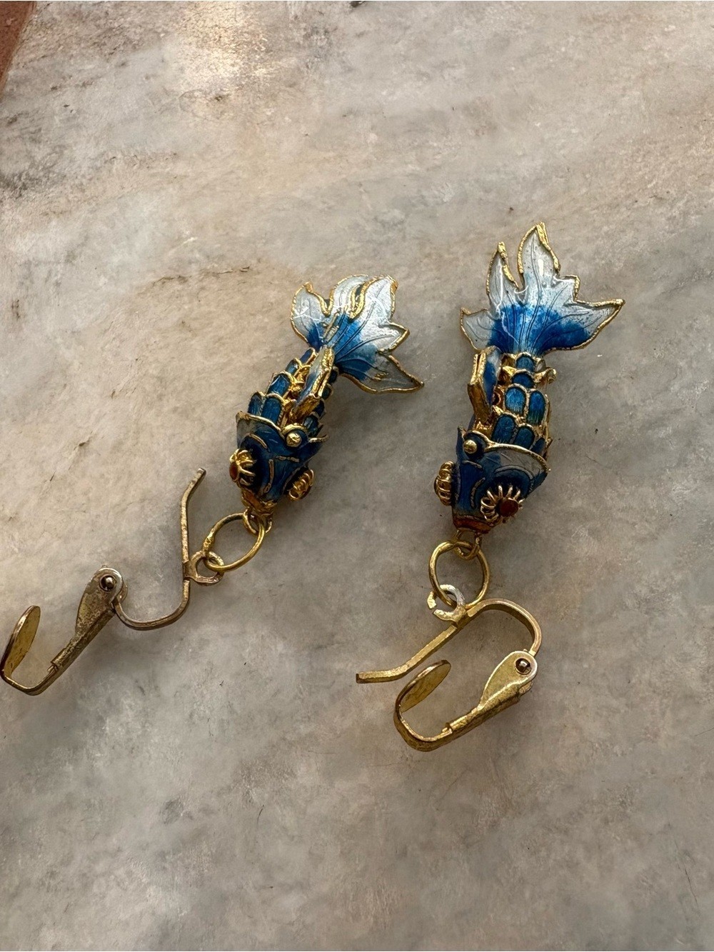 Vintage Blue Enamel Koi Fish Clip-On Earrings – Gold Tone