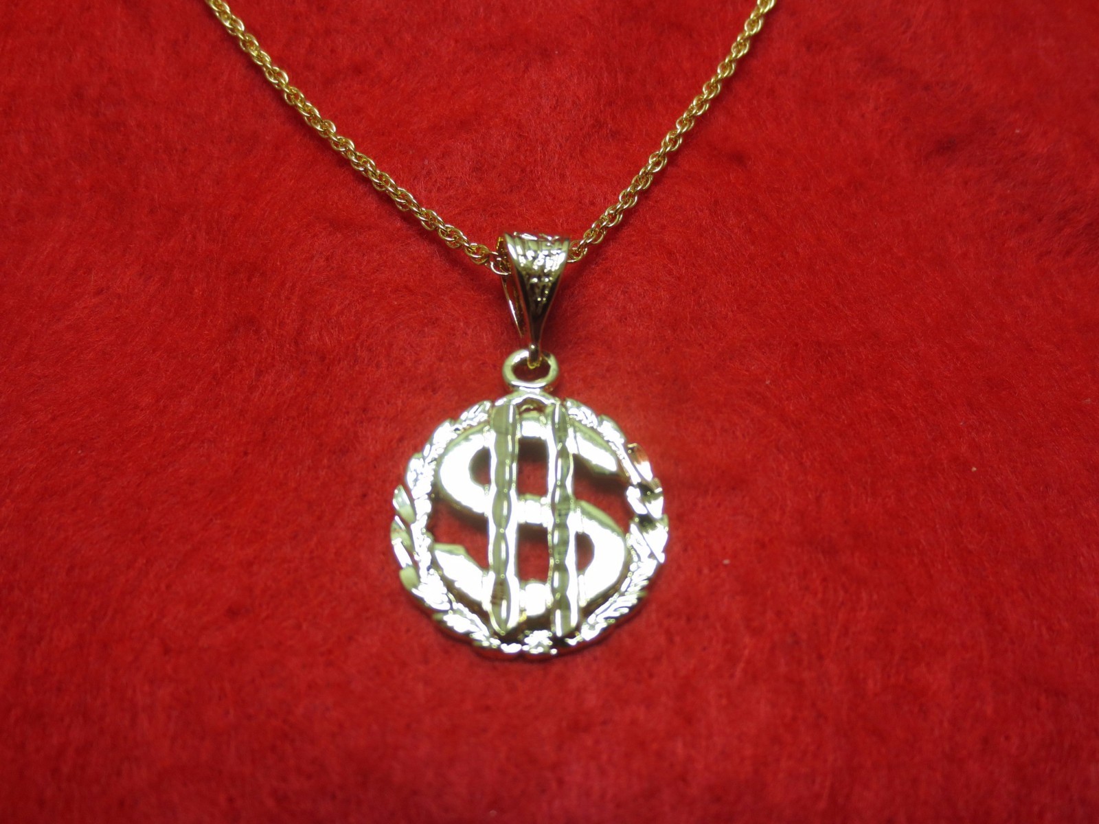 14 KT GOLD EP ABOUT 1 1/4″ DOLLAR SIGN $ CHARM WITH AN 18 INCH ROPE CHAIN-2673