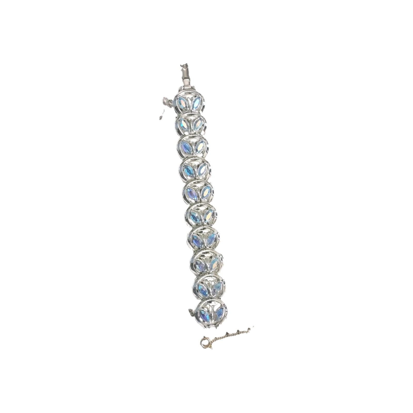 Stunning Signed Sparkly CORO Bracelet with Blue AB Rhinestones Rhodium Back