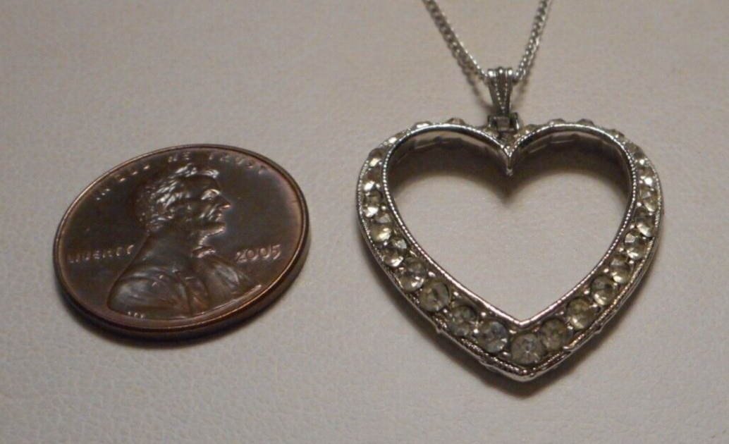 1950s Bogoff Diamante Rhinestone Silver-tone Heart Pendant on 16″ Chain Necklace