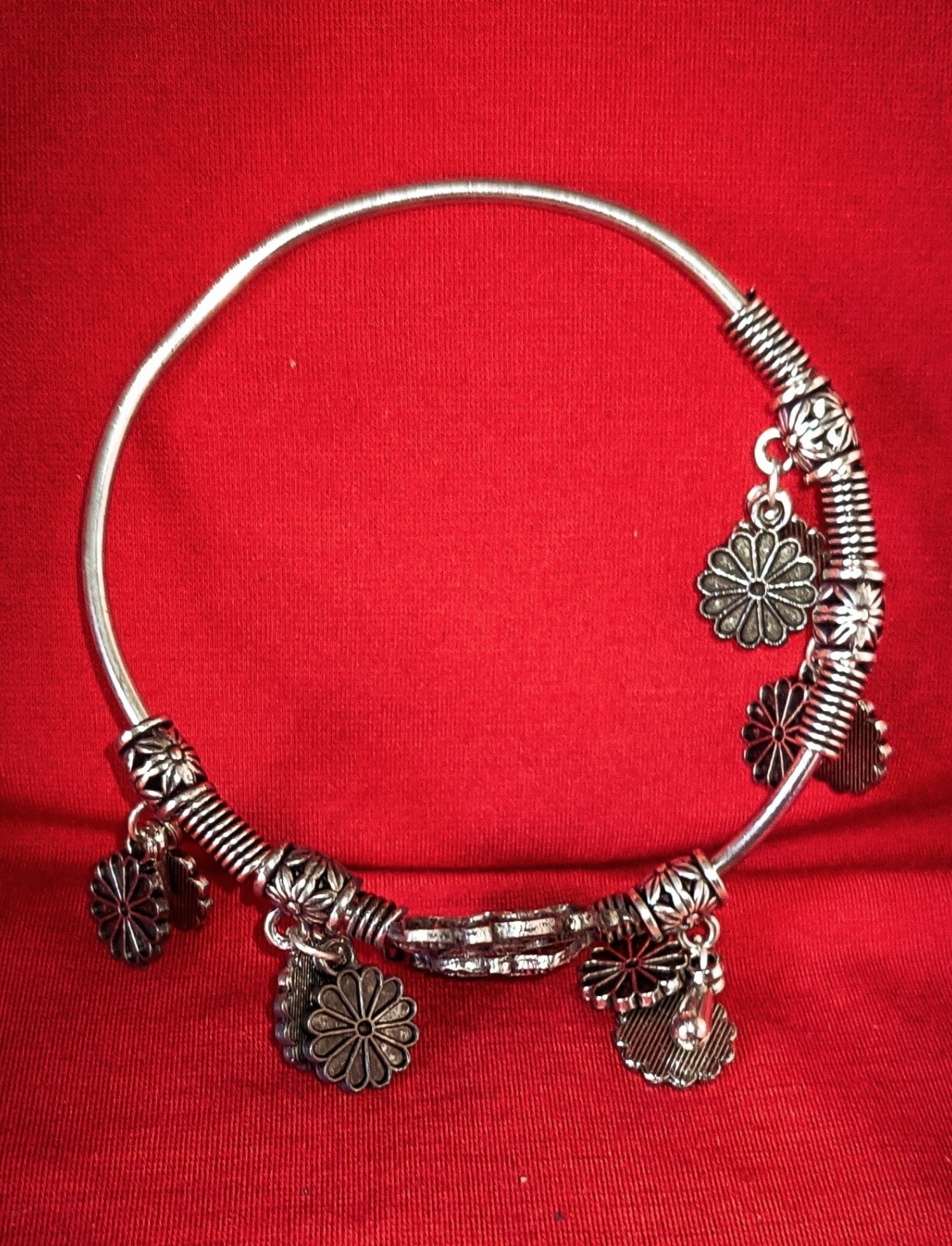 Silver Oxidized cuff adjustable Charm Flower Bracelet Women Partywear Jewelry