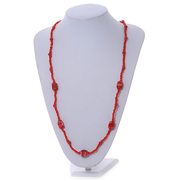 Red Glass/ Ceramic Bead Long Necklace – 82cm Long