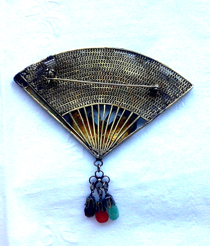 Antique Chinese Export Filigree Enamel Amethyst Cabochons Butterfly Fan Brooch