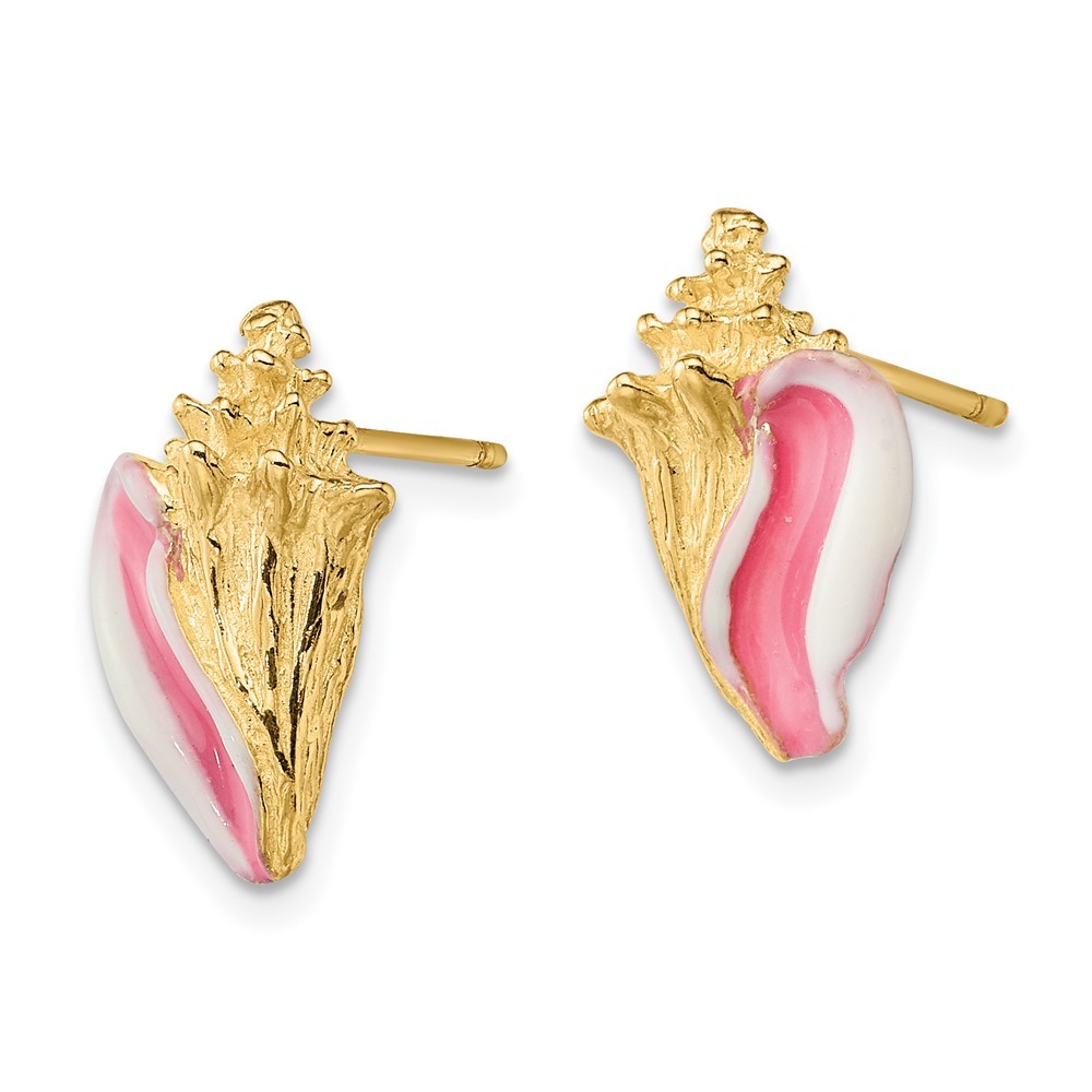 14K Yellow Gold White and Pink Enamel Conch Shell Post Stud Earrings L-15.4 mm